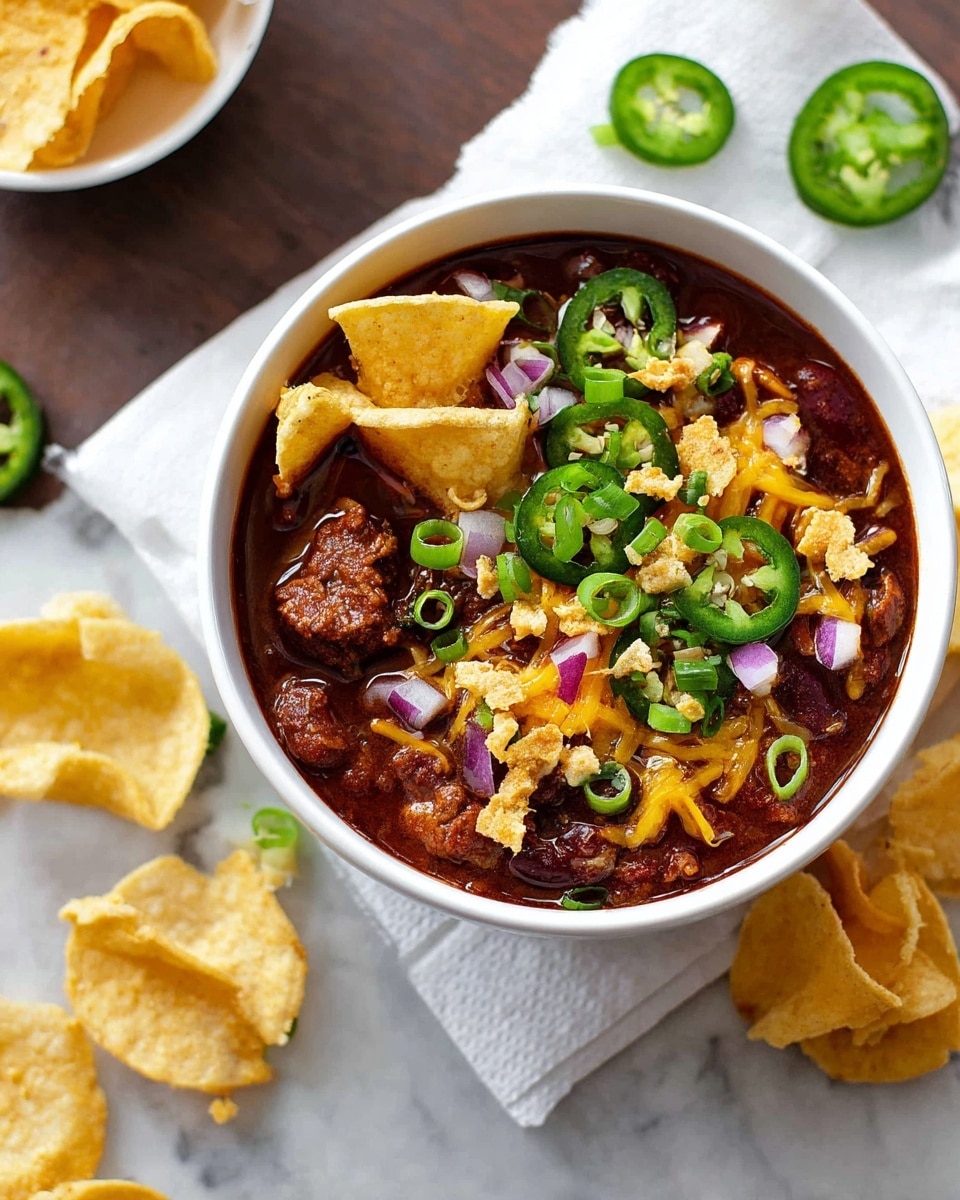 A white bowl filled with thick, dark red chili as the base layer, showing chunks of beans and cooked meat. On top, there is a layer of shredded melted yellow cheese and crumbled corn chips adding a crumbly texture. The dish is garnished with bright green sliced jalapeño peppers, small pieces of chopped red onion, and finely cut green onions scattered on top. Around the bowl, golden, curved corn chips rest on white paper towels on a white marbled surface, with extra sliced green jalapeños and green onions in the background. photo taken with an iphone --ar 4:5 --v 7