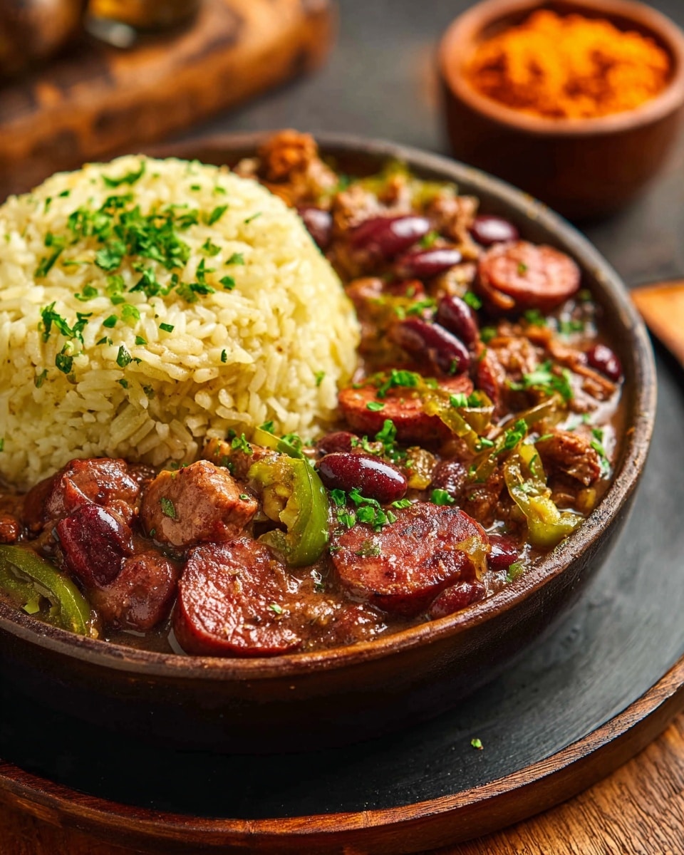 A round bowl filled with two main layers: on the left side, there is a mound of light yellow rice with some green herb bits sprinkled on top; on the right side, there is a rich stew made of red beans and pieces of dark reddish-brown sausage with a shiny, slightly oily surface, mixed with chunks of meat and green sliced peppers scattered throughout, all sitting in a thick brownish sauce. The bowl is placed on a dark tray set on a warm-toned wooden surface, with a smaller bowl containing a reddish-orange paste blurred in the background. photo taken with an iphone --ar 4:5 --v 7