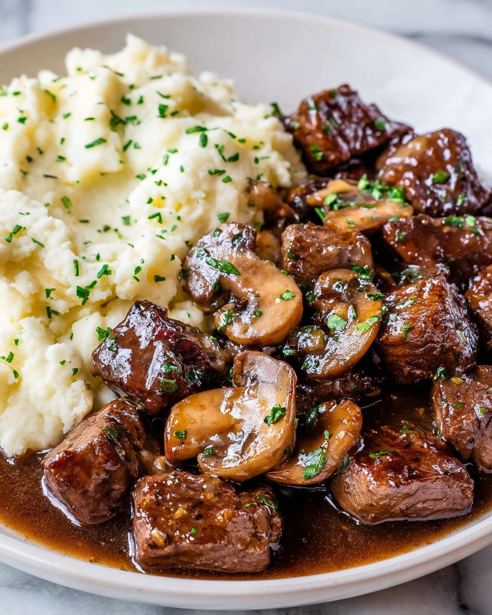The image shows a white plate filled with two main parts: a pile of creamy, white mashed potatoes speckled with small green herbs on one side, and a rich brown beef dish with dark brown seared chunks of meat mixed with sliced golden-brown mushrooms, all coated in a glossy, thick brown sauce garnished with chopped green herbs scattered on top, the textures of the meat and mushrooms look tender and juicy, with the mashed potatoes smooth and soft, set on a white marbled surface. photo taken with an iphone --ar 4:5 --v 7