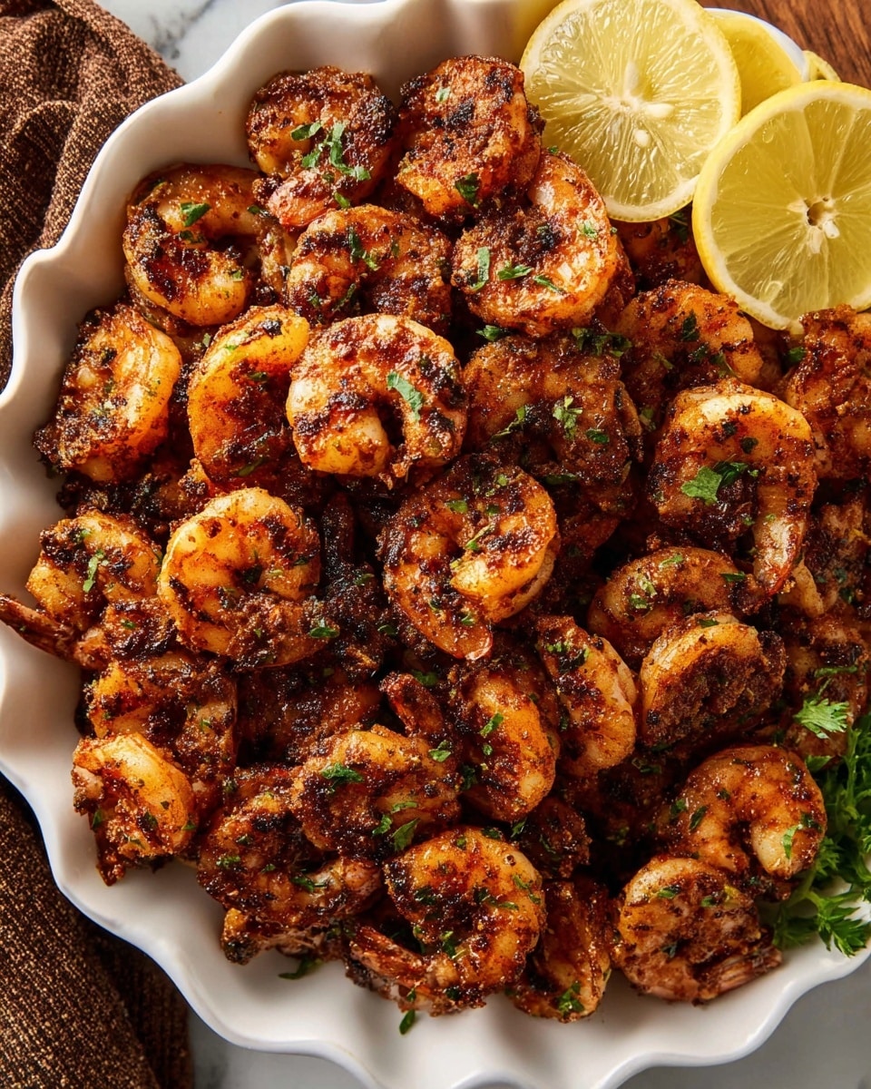 The image shows a close-up of many cooked shrimp pieces with a rich golden brown and slightly charred texture, each shrimp curled and coated in a dark seasoning dotted with green herb bits. The shrimp fill a white scalloped-edge dish, partially visible on the right side, with two lemon wedges placed on the top left corner. The plate sits on a white marbled surface, and a brown cloth is seen at the upper edge of the image. photo taken with an iphone --ar 4:5 --v 7