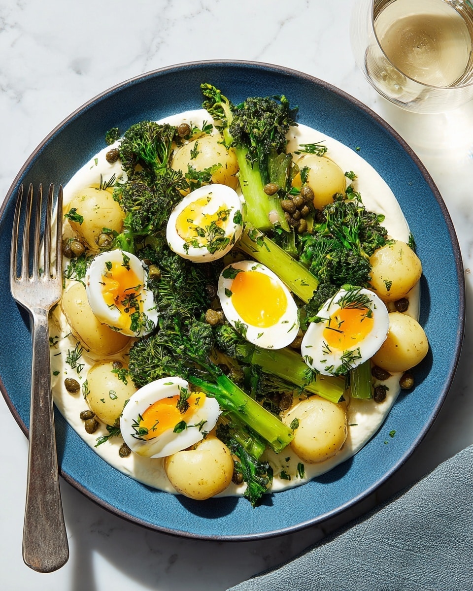 A blue plate holds a fresh dish with three main layers: the bottom layer is a white creamy sauce spread in a circular shape, the middle layer consists of light yellow baby potatoes scattered evenly, and the top layer features bright green broccolini stalks and pale green celery pieces placed around the potatoes. There are four halved soft-boiled eggs with white smooth edges and yellow yolks placed on top, sprinkled with green chopped herbs and some small dark green capers. A silver fork rests on the left edge of the plate, and the entire setting is on a white marbled surface with a glass of light-colored liquid on the top right side. photo taken with an iphone --ar 4:5 --v 7