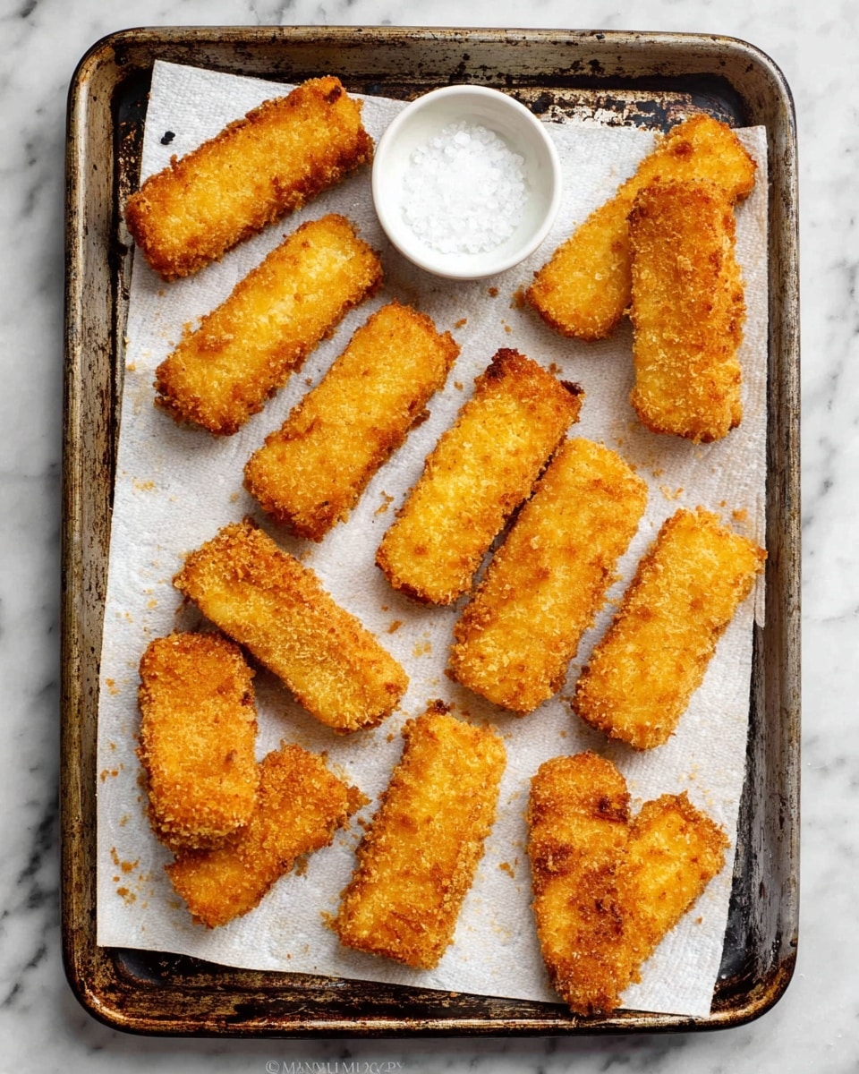 A metal baking tray holds fifteen golden-brown, crispy rectangular fish sticks arranged in a loose pattern on a bed of white paper towels, absorbing excess oil. In the top center of the tray, a small round white dish filled with coarse white salt adds contrast. The fish sticks have a crunchy crumb coating with a rough texture, and the baking tray shows signs of use with dark marks and scratches. All are placed on a white marbled surface. photo taken with an iphone --ar 4:5 --v 7