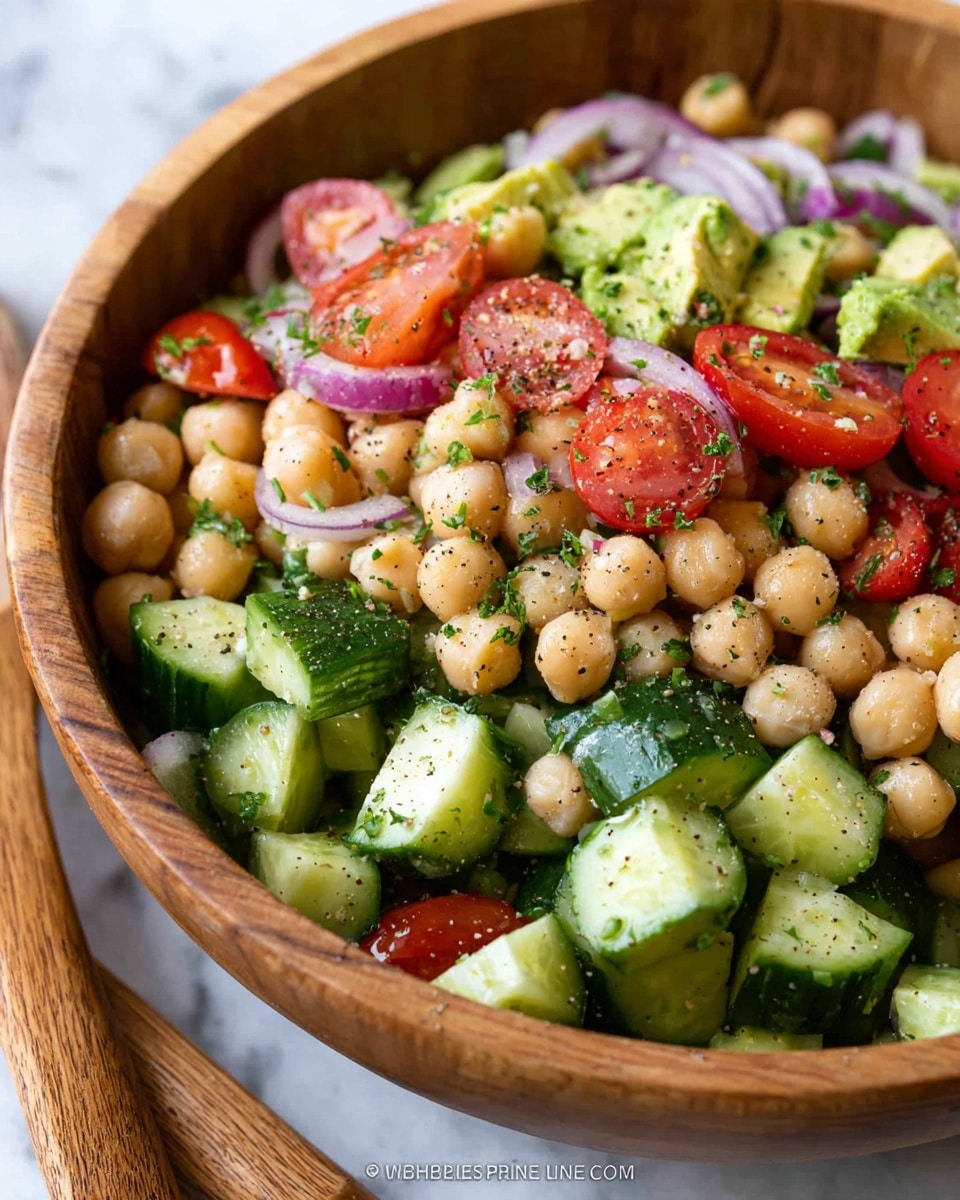 A close-up view of a wooden bowl filled with a fresh salad showing several layers: at the bottom, large green cucumber chunks with dark green skin and lighter green flesh; above that, light beige chickpeas spread evenly; mixed in are bright red cherry tomato halves, pale green avocado pieces with creamy texture, and thin slices of purple onion; all ingredients look fresh and slightly glistening with seasoning specks of black pepper and chopped green herbs scattered on top. The bowl is placed on a white marbled surface with a pair of wooden salad utensils nearby. photo taken with an iphone --ar 4:5 --v 7