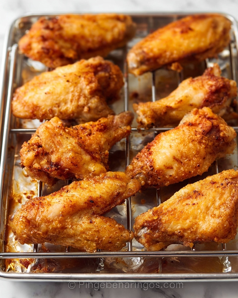 Golden brown fried chicken wings are arranged in one layer on a silver oven rack placed over a baking tray lined with shiny foil. Each wing shows a crispy, slightly oily texture with a mix of light and darker brown areas showing the crunchy coating. The wings are placed close together but not touching, showcasing their plump shape and textured skin. The background features a white marbled texture. photo taken with an iphone --ar 4:5 --v 7