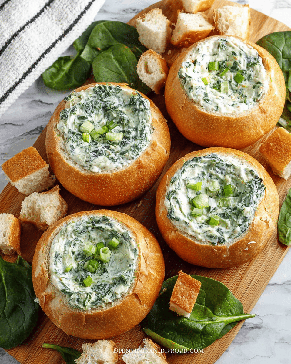 The image shows four round bread bowls with the tops cut off, filled with a creamy spinach dip that has a pale green and white swirled texture, topped with chopped green onions. The bread is golden brown with a soft interior, and the bowls are placed on a wooden cutting board. Around the bowls are fresh dark green spinach leaves and chunks of bread cut from the bread bowls. The background is a white marbled surface, with a white cloth with black stripes visible at the top left corner. photo taken with an iphone --ar 4:5 --v 7