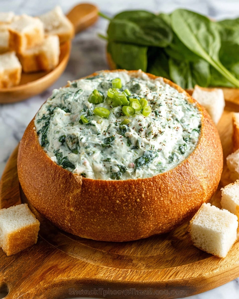 A round bread bowl with a golden-brown crust is filled with a creamy, thick spinach dip that has visible bits of green spinach and small specks of black pepper mixed in, topped with chopped green onions. Around the bread bowl, there are small white bread cubes placed on a wooden board, along with fresh spinach leaves in the background. The whole scene is set on a white marbled textured surface. photo taken with an iphone --ar 4:5 --v 7