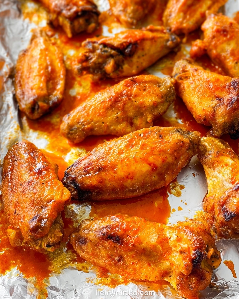 The image shows several golden-brown chicken wings spread out on a white marbled surface covered with aluminum foil. The chicken wings are coated with a shiny, orange-red sauce that glistens under the light, with some sauce pooling around the wings. The texture of the wings appears crispy and slightly charred in some places, suggesting they are well-cooked and flavorful. The wings fill the entire visible space, arranged closely together in a slightly overlapping manner. Photo taken with an iphone --ar 4:5 --v 7