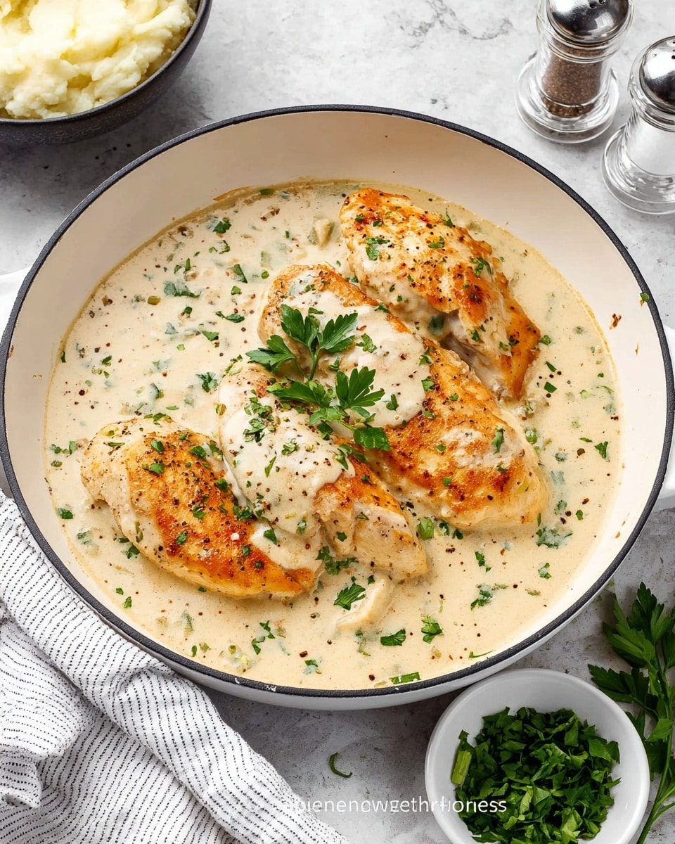 A white pan holds three golden-brown chicken breasts partially covered in a thick, creamy white sauce with specks of black pepper and green herbs scattered across the dish. Fresh green parsley leaves are placed on top of the chicken for garnish. The pan is set on a white marbled texture surface, with a white and gray striped cloth nearby, a black bowl of mashed potatoes in the upper left corner, clear glass salt and pepper shakers on the right, and a small white wooden bowl filled with chopped green herbs. Loose green parsley leaves lay scattered around the right side of the pan. photo taken with an iphone --ar 4:5 --v 7