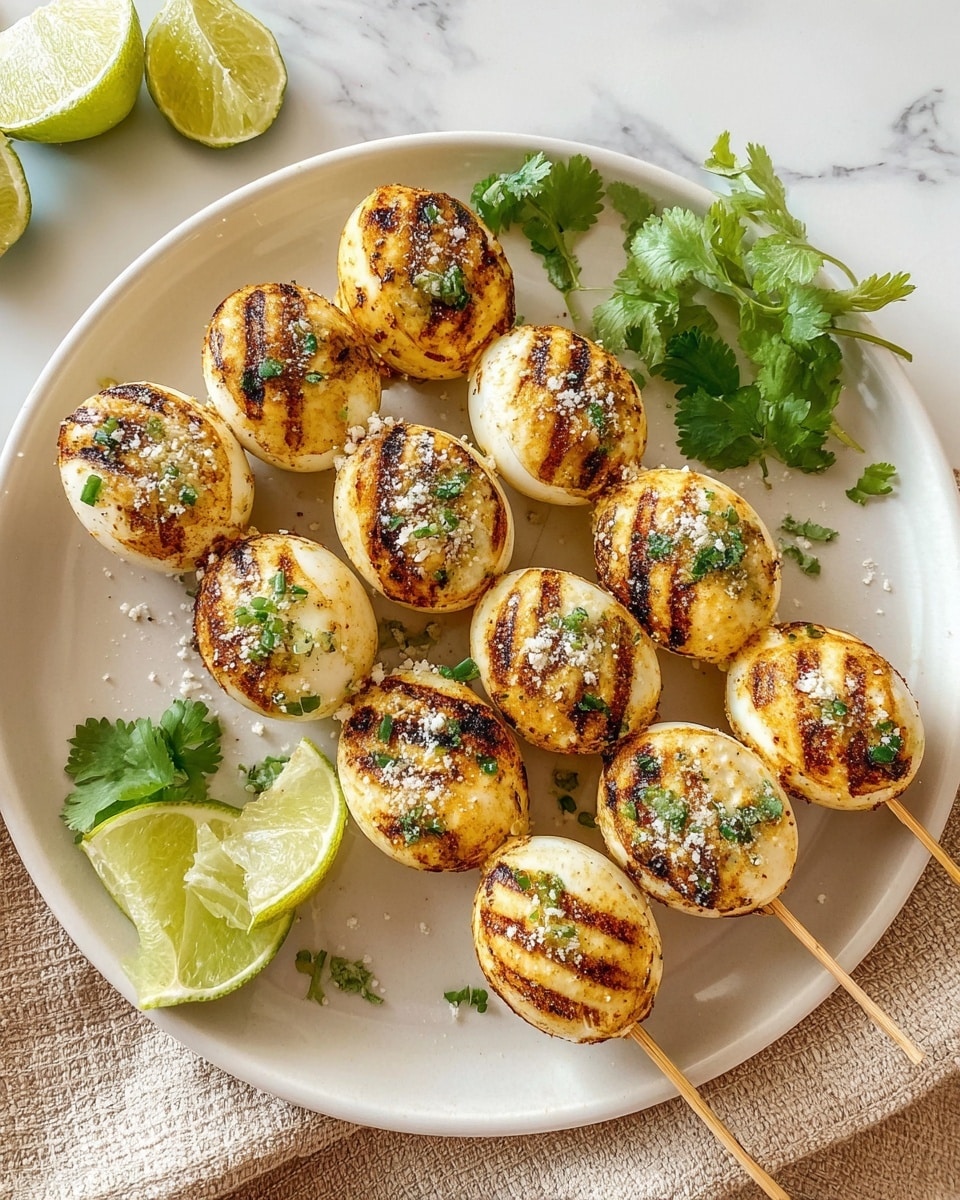 The dish shows two wooden skewers, each holding five light golden round pieces that have a smooth texture with visible charred grill marks across them. The skewered pieces are sprinkled with coarse white salt and finely chopped green herbs on top, adding splashes of bright green color. Around the skewers on the white plate, there are scattered fresh green herb leaves and three lime wedges on the side, showing inner light green flesh. The plate sits on a white marbled surface with a beige textured cloth partially visible in the top left corner. photo taken with an iphone --ar 4:5 --v 7