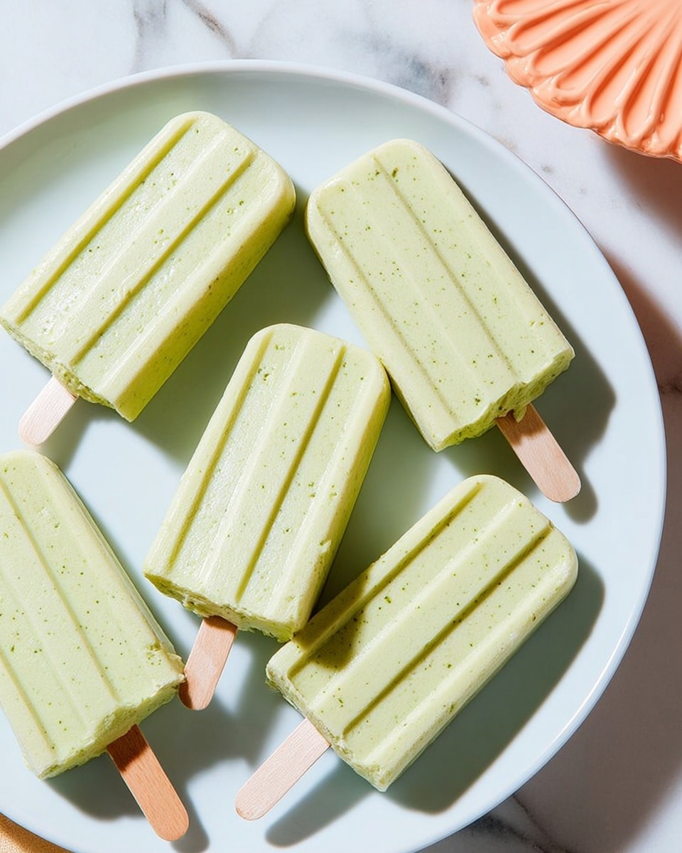 Six light green popsicles with smooth but slightly textured surfaces and vertical grooves are arranged on a white plate. Each popsicle has a wooden stick at the bottom, with some sticks partially visible. The plate sits on a white marbled surface with a peach-colored doily partially visible on the upper right side. The lighting creates soft shadows, emphasizing the cool and creamy look of the popsicles. Photo taken with an iphone --ar 4:5 --v 7