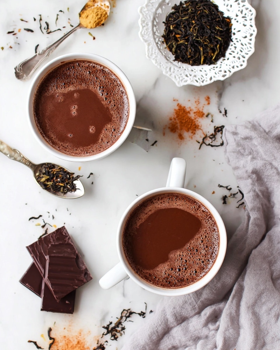A close-up view of a white cup filled with smooth, dark brown hot chocolate on top, showing slight bubbles around the edge. Behind this cup, there are two other white cups, one with dark coffee and the other with foamy hot chocolate. To the left, scattered dry tea leaves and cocoa powder are spread across a white marbled surface with a white spoon holding loose tea leaves. In the blurred background, a white plate holds pieces of dark chocolate, placed on soft lavender cloth. The light in the image is soft and natural. photo taken with an iphone --ar 4:5 --v 7