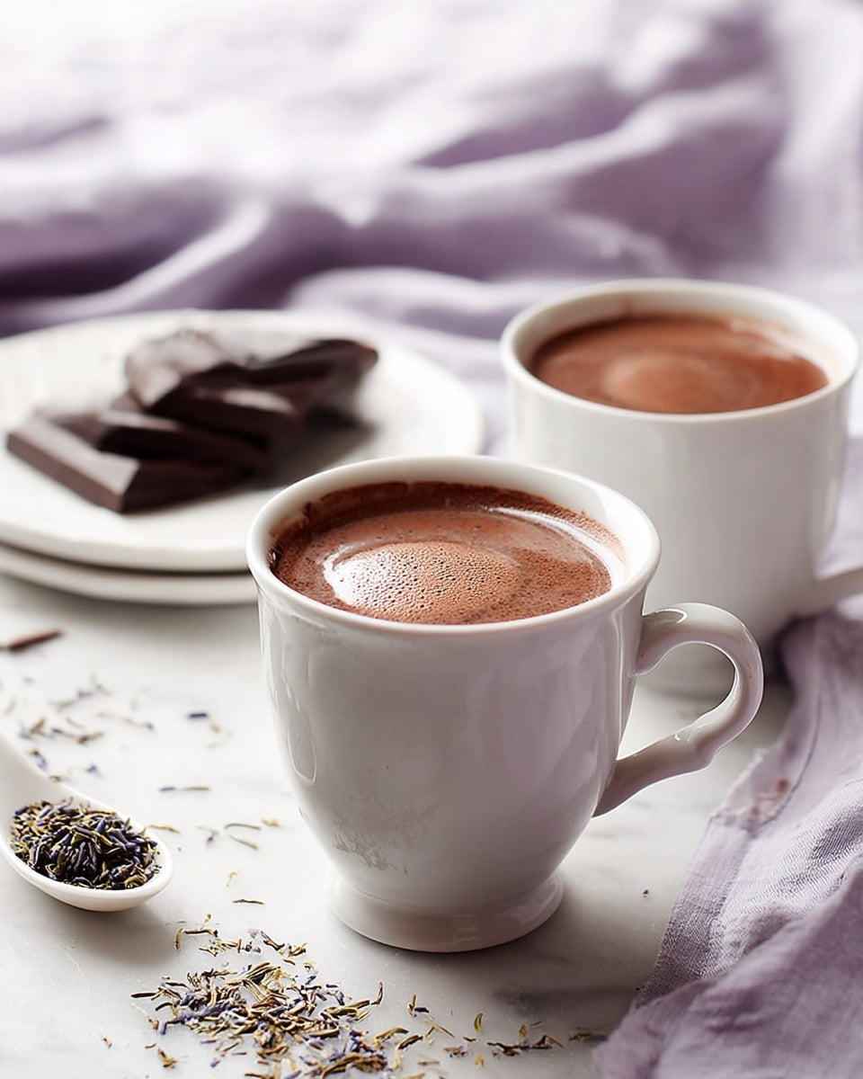 Two white cups filled with dark brown hot chocolate with a frothy top layer showing light bubbles. The cups are placed on a white marbled surface. Scattered around the cups are small pieces and squares of dark chocolate along with sprinkles of loose tea leaves and some light brown powder. A silver spoon filled with dark tea leaves rests near the bottom left cup. A white doily holds a small white bowl filled with loose tea leaves, sitting on a light purple cloth with a subtle polka dot pattern. photo taken with an iphone --ar 4:5 --v 7