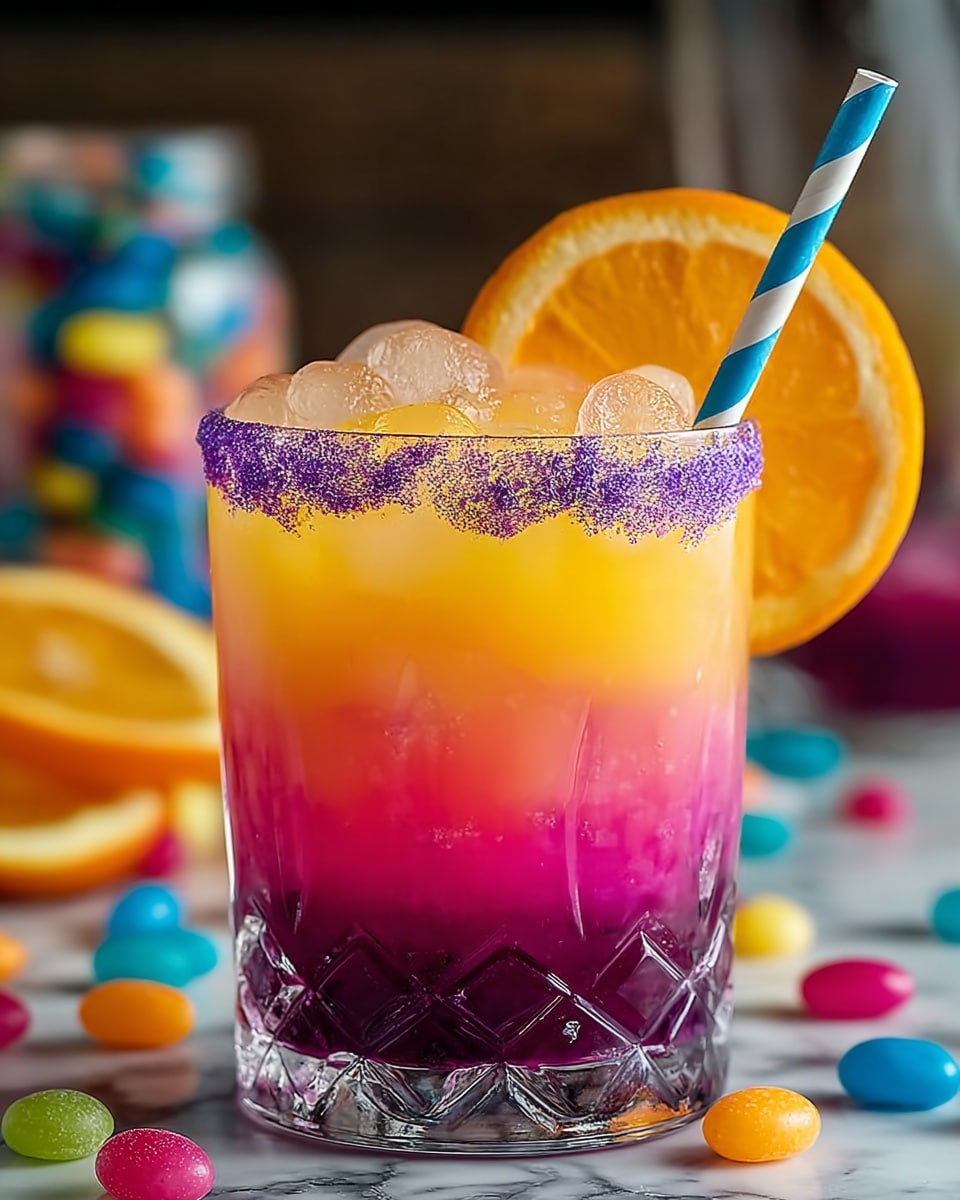 A short clear glass with a diamond pattern at the bottom holds a colorful layered drink. The bottom layer is deep purple, blending into a bright pink and then into a vibrant orange-yellow at the top. The glass is filled with ice cubes, creating texture and reflections. Around the rim is a coating of purple sugar crystals. A blue and pink striped straw is placed inside, and a bright orange slice is set on the rim. The drink is on a white marbled surface with scattered candy and fruit slices blurred softly in the background. photo taken with an iphone --ar 4:5 --v 7