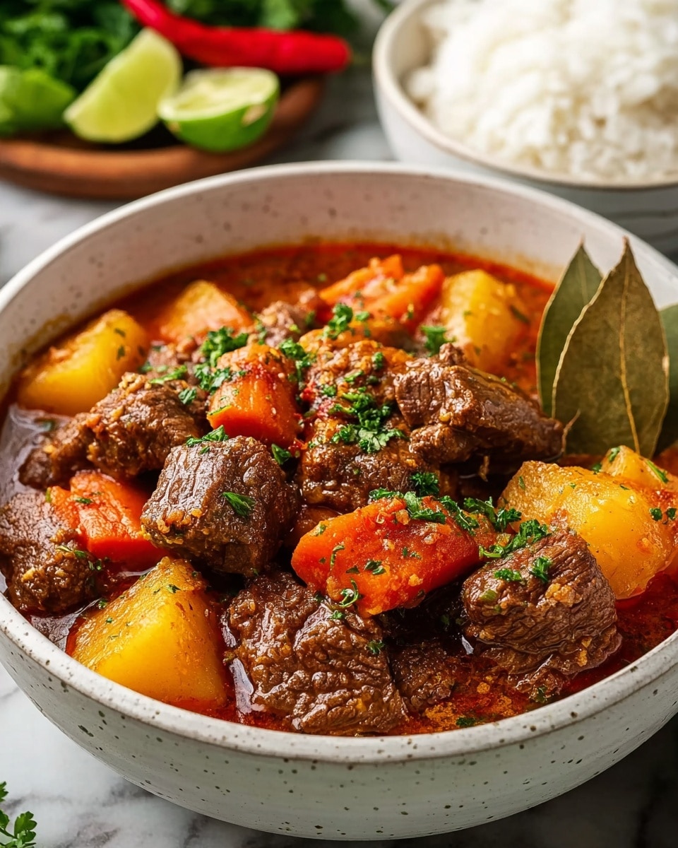 A white round plate holds a serving of thick beef stew with visible layers: large dark brown chunks of beef sit on top of golden yellow potato pieces and orange carrot slices submerged in a rich reddish-brown sauce, all resting next to a small portion of white and brown mixed rice on the right side of the plate. The background features a subtle white marbled texture, with a glimpse of a large white pot and a wooden spoon blurred in the distance. photo taken with an iphone --ar 4:5 --v 7