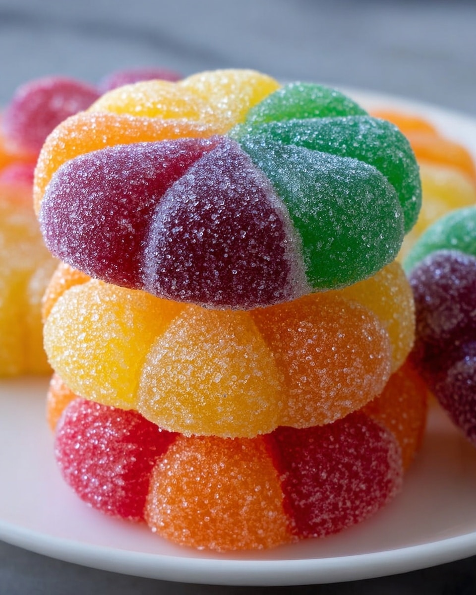 A close-up view of six round sugar-coated gummy rings stacked on a white plate with a white marbled texture underneath. There are two stacks: the left stack has three rings—bottom ring is pink and red, middle ring is yellow and orange, top ring is orange; the right stack has three rings—bottom ring is green and blue, middle ring is yellow, top ring is orange. On top of the two stacks, a bitten rainbow-colored ring sits across both stacks, showing a sugar-crystal texture with colors including blue, green, purple, and red. The background is plain with a soft neutral tone. photo taken with an iphone --ar 4:5 --v 7