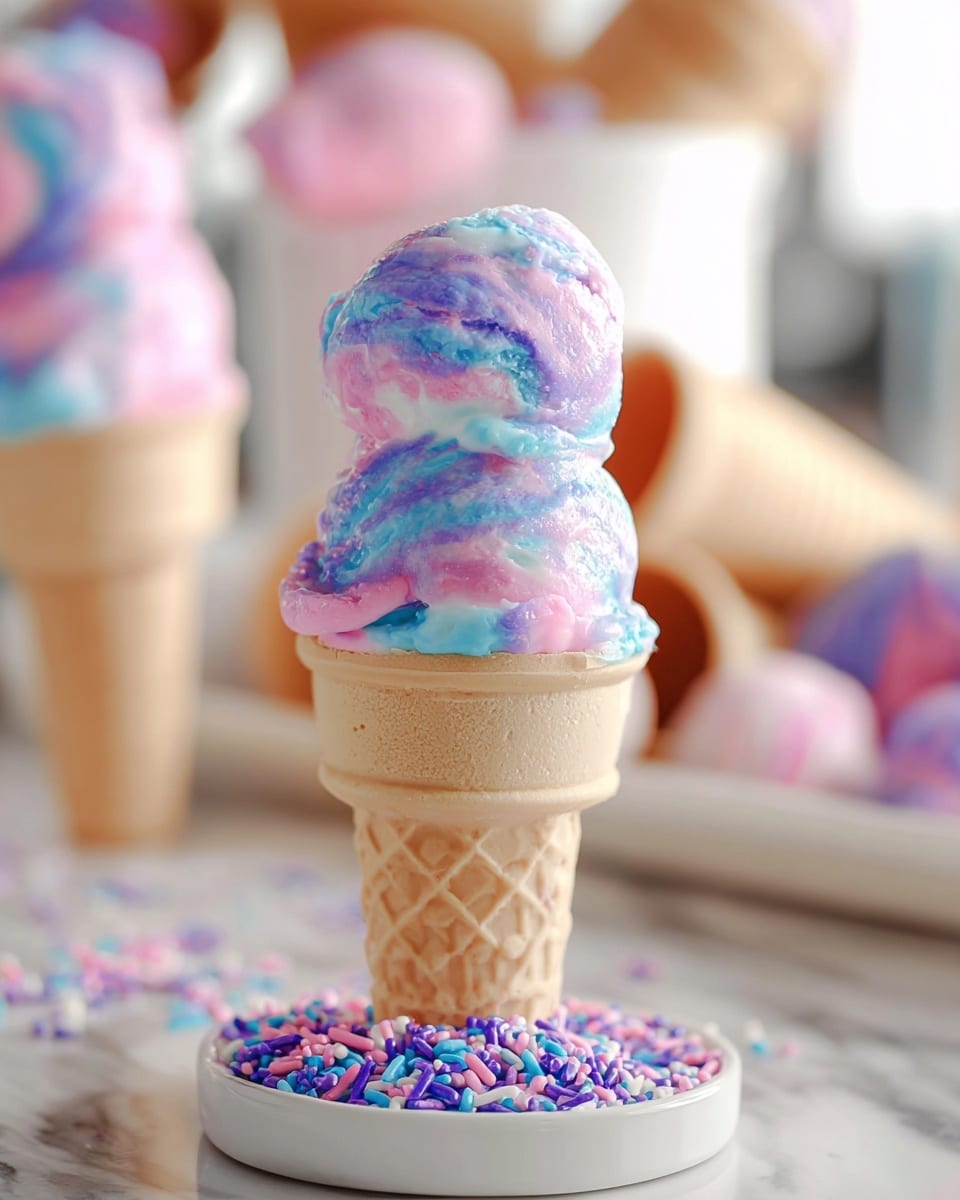 The image shows small white cups filled with colorful sprinkles in pink, purple, and blue colors, forming the base layer. On top of each cup, there are mini ice cream cones placed upside down or upright, holding one or two scoops of bright pastel ice cream in swirls of pink, purple, and blue. Around the cups, there are some scattered loose sprinkles and empty waffle cones in the background with a blurred effect. Everything is arranged on a white marbled surface with soft lighting creating a fresh and playful look. Photo taken with an iphone --ar 4:5 --v 7