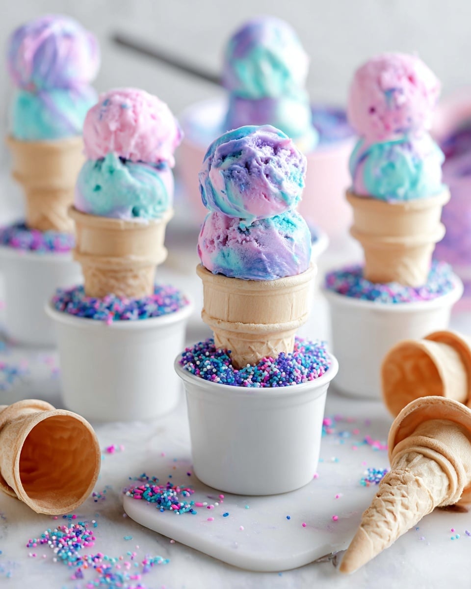 The image shows a white ice cream cone with two scoops of bright pastel-colored ice cream on top; the ice cream has a mix of soft pink, purple, and blue shades with a smooth but slightly melting texture. The cone is plain light tan with a subtle crisscross pattern and stands in a small white bowl filled with colorful sprinkles in purple, teal, and pink. In the background, there are blurred empty ice cream cones and ice cream tubs with similar pastel colors on a white marbled surface. Photo taken with an iphone --ar 4:5 --v 7