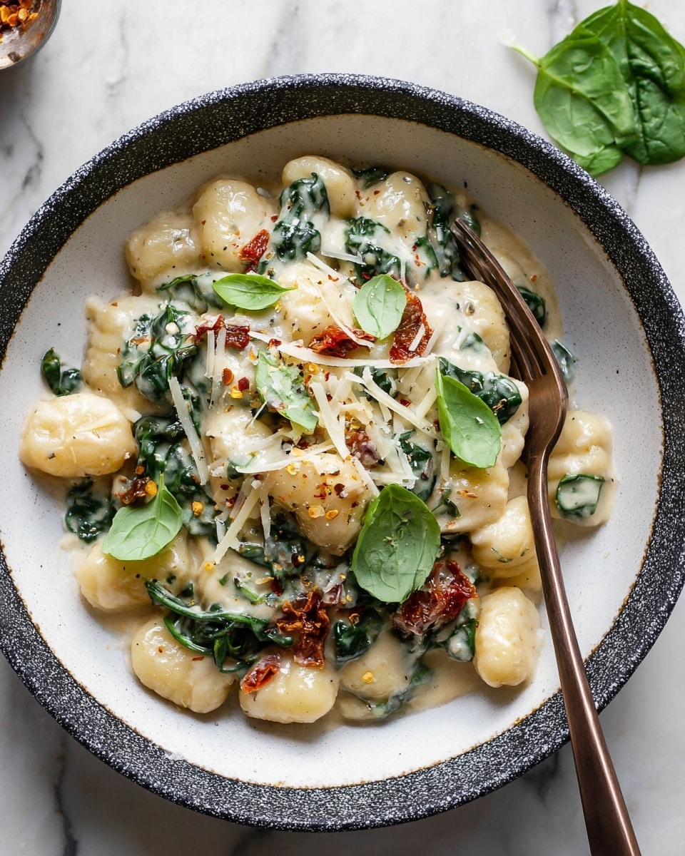 A bowl filled with three layers starting with round, soft, light beige gnocchi at the bottom, covered by a thick, creamy white sauce mixed with dark green cooked spinach and small pieces of sun-dried tomatoes showing red and orange hues. On top, there are scattered thin, pale yellow shavings of cheese and fresh small bright green basil leaves, with a few red chili flakes sprinkled throughout. The bowl is white with a speckled dark gray rim and inside, resting on a white marbled surface. A bronze fork is placed inside the bowl on the right side. photo taken with an iphone --ar 4:5 --v 7