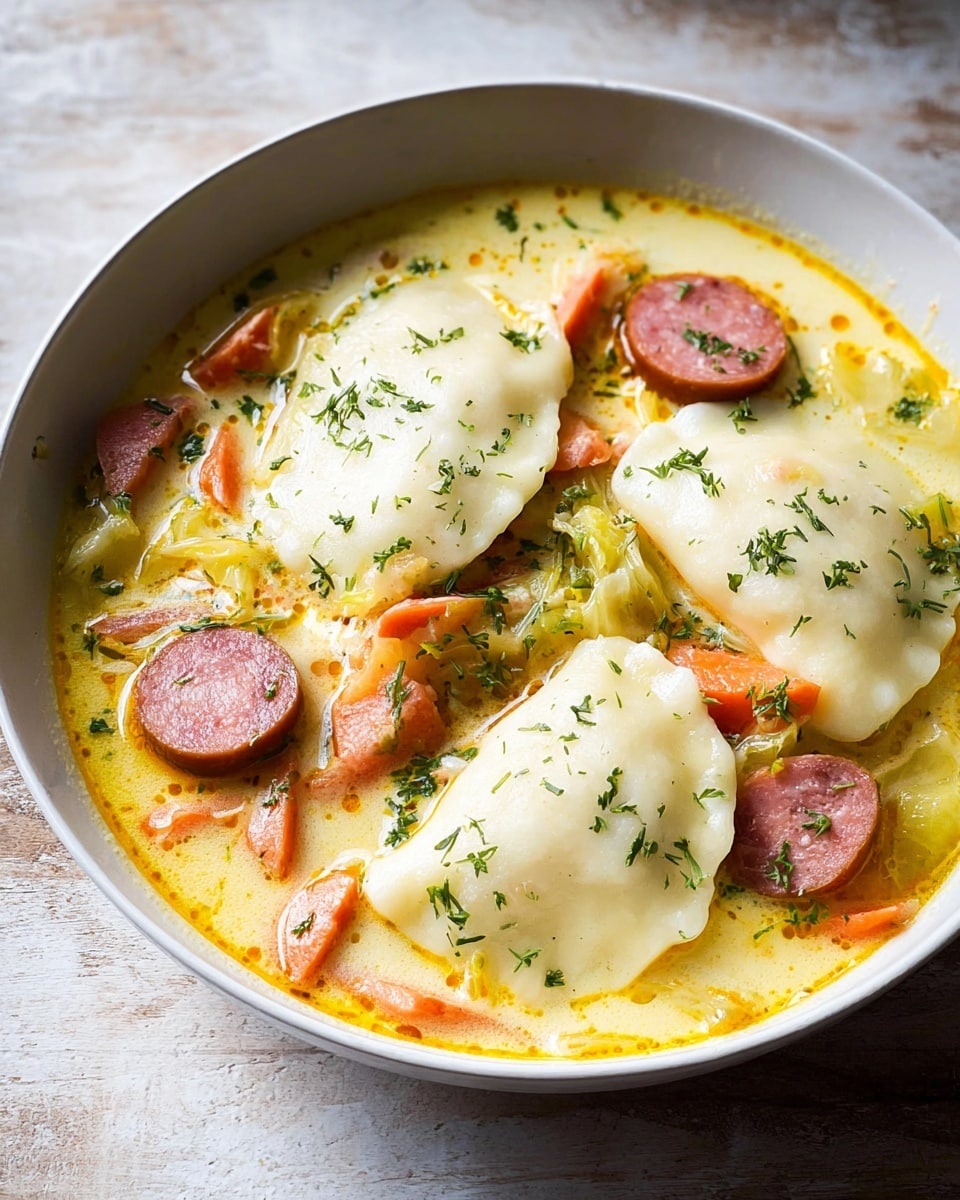 A white bowl holds a creamy yellow soup with three large, soft white dumplings floating on top; the dumplings have a smooth texture and are sprinkled with small green herb leaves. Around the dumplings, there are chunks of light orange carrots, round slices of reddish sausage, and bits of green cabbage, all mixed in the rich soup. The soup has a slightly oily surface with hints of orange oil droplets, creating a warm and comforting look. The bowl sits on a white marbled textured surface. photo taken with an iphone --ar 4:5 --v 7