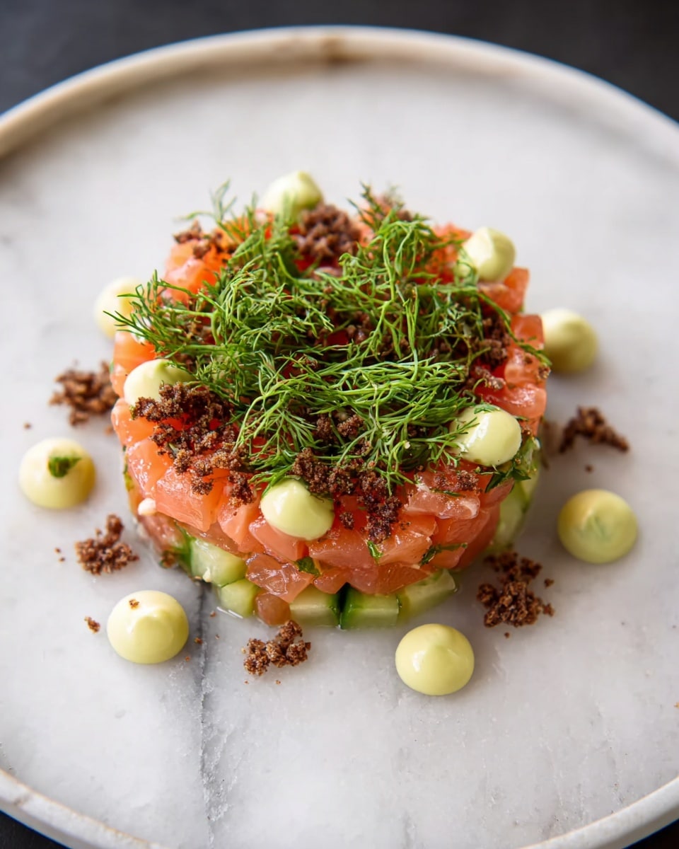 A round stack of small, evenly cut cubes of pink salmon and light green vegetables forms the base layer on a large white plate, with the colors mixing softly together. On top, there are small dollops of pale yellow creamy sauce placed around, interspersed with scattered bits of crumbled dark brown crunchy topping. Fresh green dill sprigs with delicate feathery leaves are spread on the very top, adding a fresh and vibrant look. The dish is displayed on a white marbled surface, highlighting the bright colors and textures. photo taken with an iphone --ar 4:5 --v 7
