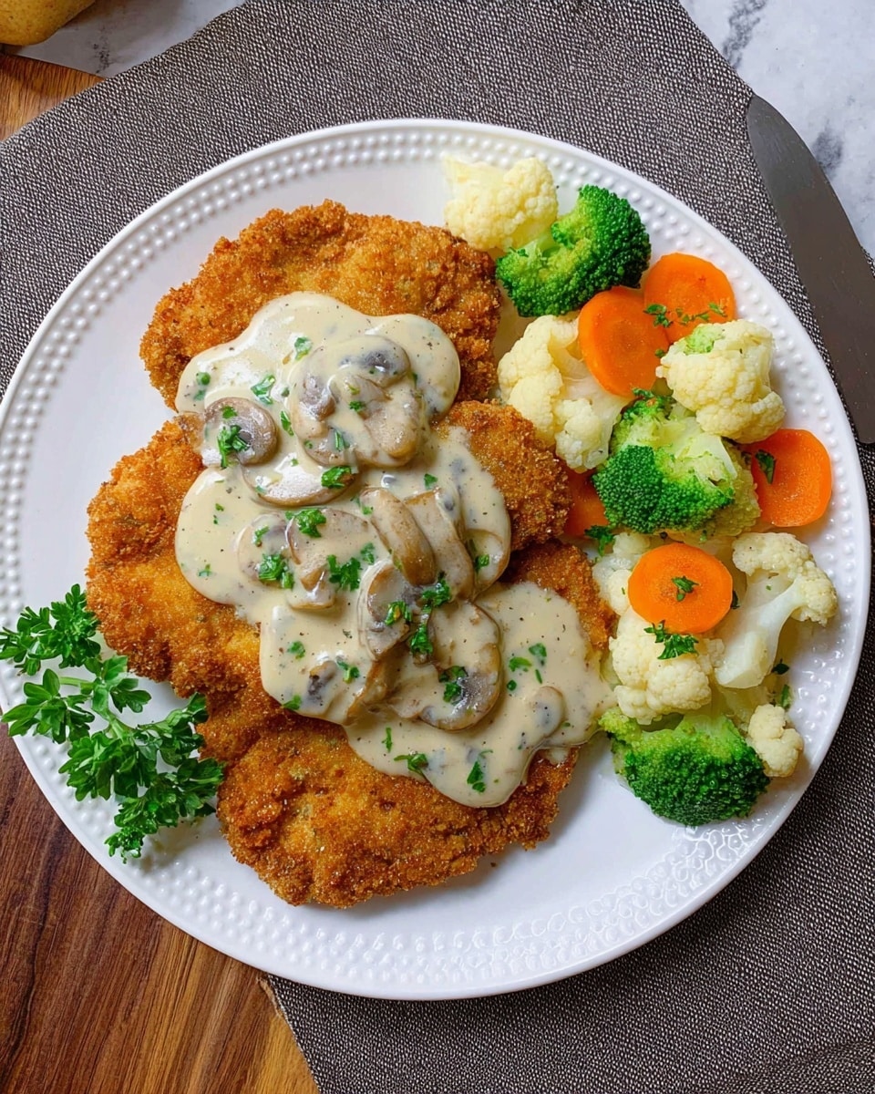 The dish is presented on a white plate with a dotted edge, placed on a grey cloth over a wooden surface. It has two large, golden-brown fried cutlets that cover most of the plate. On top of the cutlets is a creamy white mushroom sauce with visible sliced mushrooms and small green herb pieces sprinkled throughout. Positioned on the upper right side of the plate beside the cutlets is a colorful mix of steamed broccoli florets, cauliflower pieces, and round carrot slices arranged randomly. A few green parsley leaves decorate the bottom left edge of the plate. A silver knife rests near the bottom right corner of the image. The background is edited to a white marbled texture. photo taken with an iphone --ar 4:5 --v 7