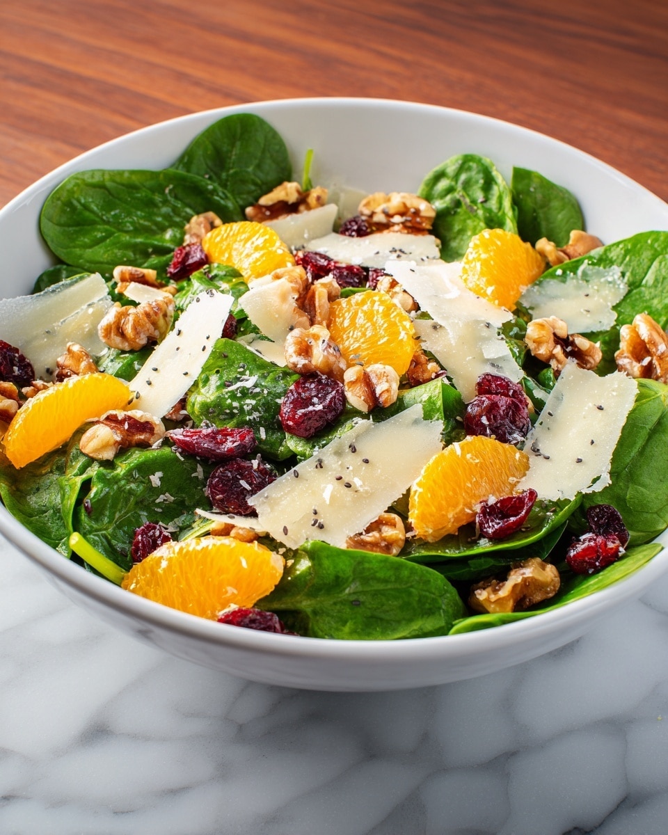 A fresh salad is shown in a white bowl sitting on a white marbled surface. The salad has a base layer of dark green spinach leaves with a shiny texture. Scattered on top are bright orange segments, deep red dried cranberries, and light brown walnut pieces adding crunchy texture. Large thin white shavings of cheese are spread across the whole salad, giving a contrast to the colorful ingredients. Tiny black poppy seeds are sprinkled over the orange pieces, with a few crystals of salt visible on the cheese. photo taken with an iphone --ar 4:5 --v 7