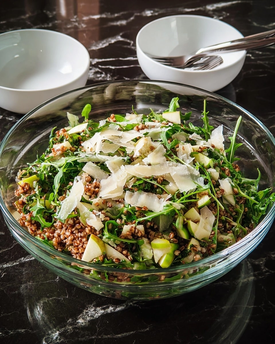 A large clear glass bowl filled with a mixed salad showing three main layers: the bottom layer is small brown grains, the middle layer has bright green leafy arugula, and the top layer contains thin white cheese shavings and light green diced apple pieces, all mixed together. The bowl is placed on a dark countertop with two empty white bowls and a fork in the background, and a white marbled texture surface underneath. photo taken with an iphone --ar 4:5 --v 7