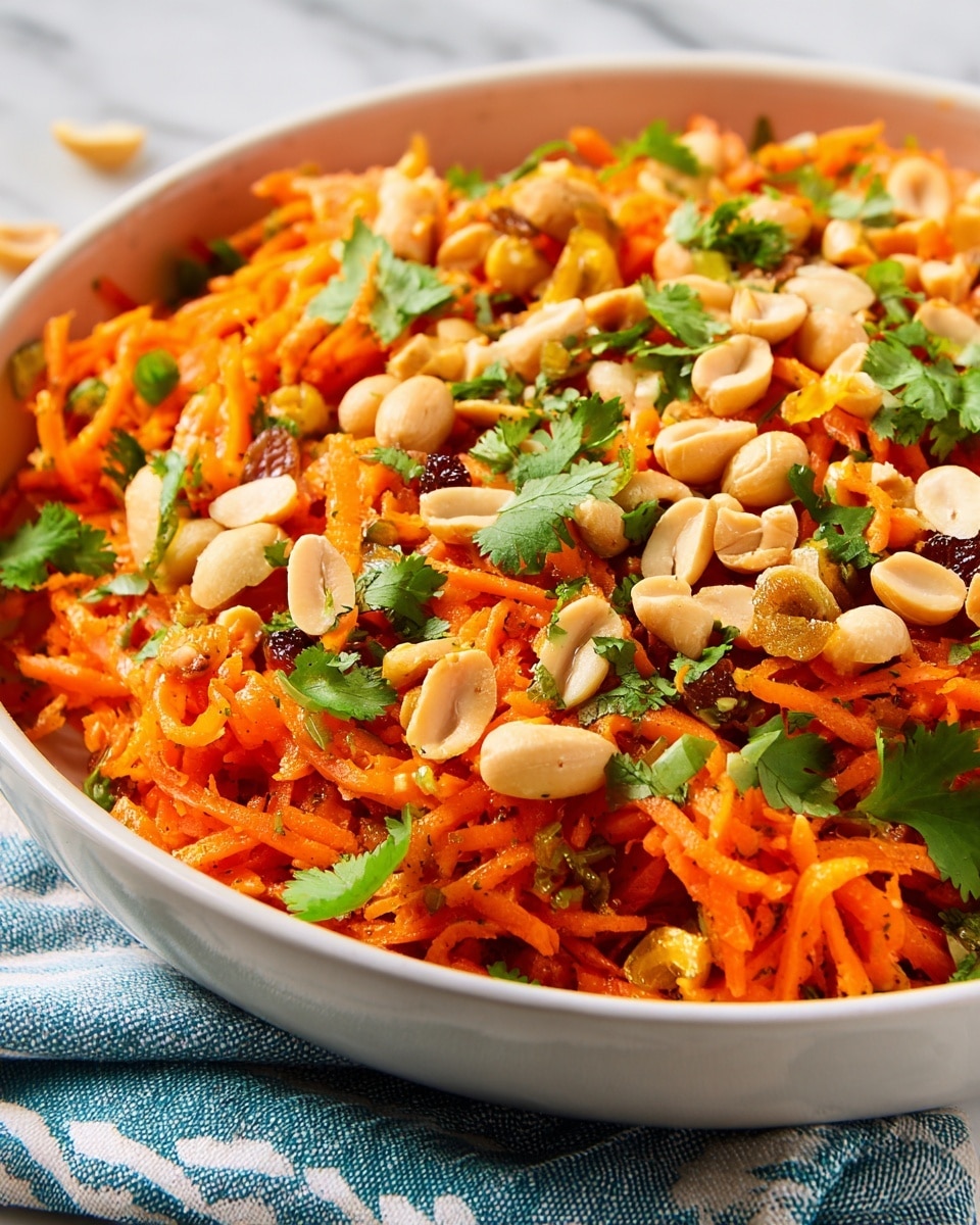 A close-up of a white bowl filled with a colorful layered salad, starting with a base of shredded bright orange carrots. Scattered on top are light beige peanuts, small light green chopped scallions, golden raisins, and fresh green cilantro leaves spread evenly. The textures include the rough, grated carrots, smooth peanuts, and soft leafy cilantro, all mixed closely together. The bowl sits on a white marbled surface with a soft blur showing a striped cloth nearby. photo taken with an iphone --ar 4:5 --v 7