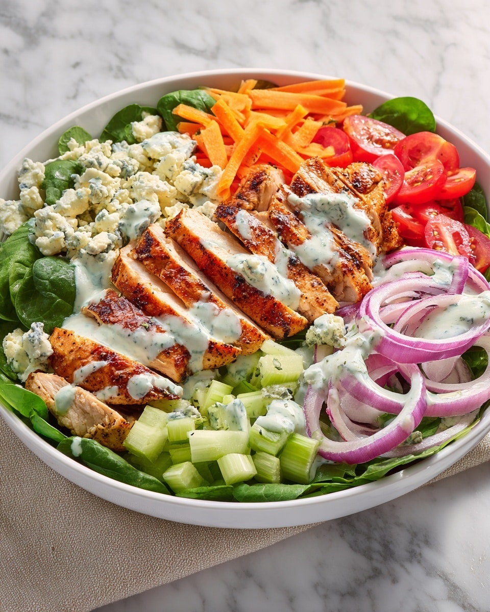 A white bowl filled with a colorful layered salad. The bottom layer consists of fresh green spinach leaves and chopped celery. On top, there are slices of grilled chicken breast with a golden brown surface, arranged in two neat rows. Around the chicken, there are thin slices of red onion, bright orange carrot sticks, halved cherry tomatoes, and chunks of pale blue cheese. The entire dish is drizzled with a creamy white dressing that has visible herbs in it. The bowl rests on a white marbled surface. photo taken with an iphone --ar 4:5 --v 7