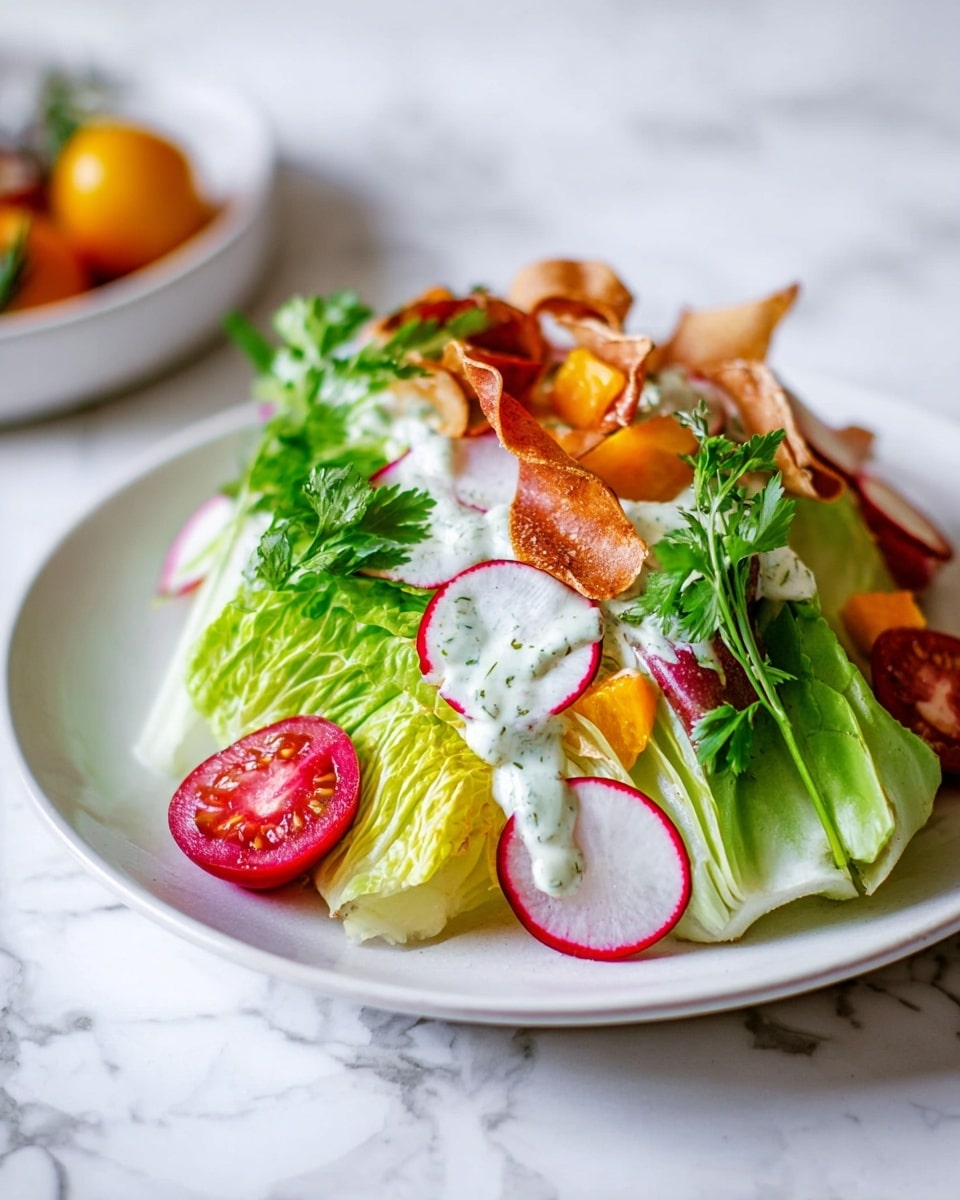 The dish is a fresh salad neatly arranged on a white plate on a white marbled surface. The bottom layer is bright green wedge-shaped lettuce with visible veins showing its fresh crunch. On top, there are round slices of red radish with white centers placed evenly around the lettuce. Orange vegetable chunks sit among the greens, partially covered with a creamy white dressing that has tiny green herb bits. Bright red half tomato slices and fresh green parsley leaves add color and texture on top. Thin, curled, toasted chips with a light brown crispy look are scattered over the salad. photo taken with an iphone --ar 4:5 --v 7