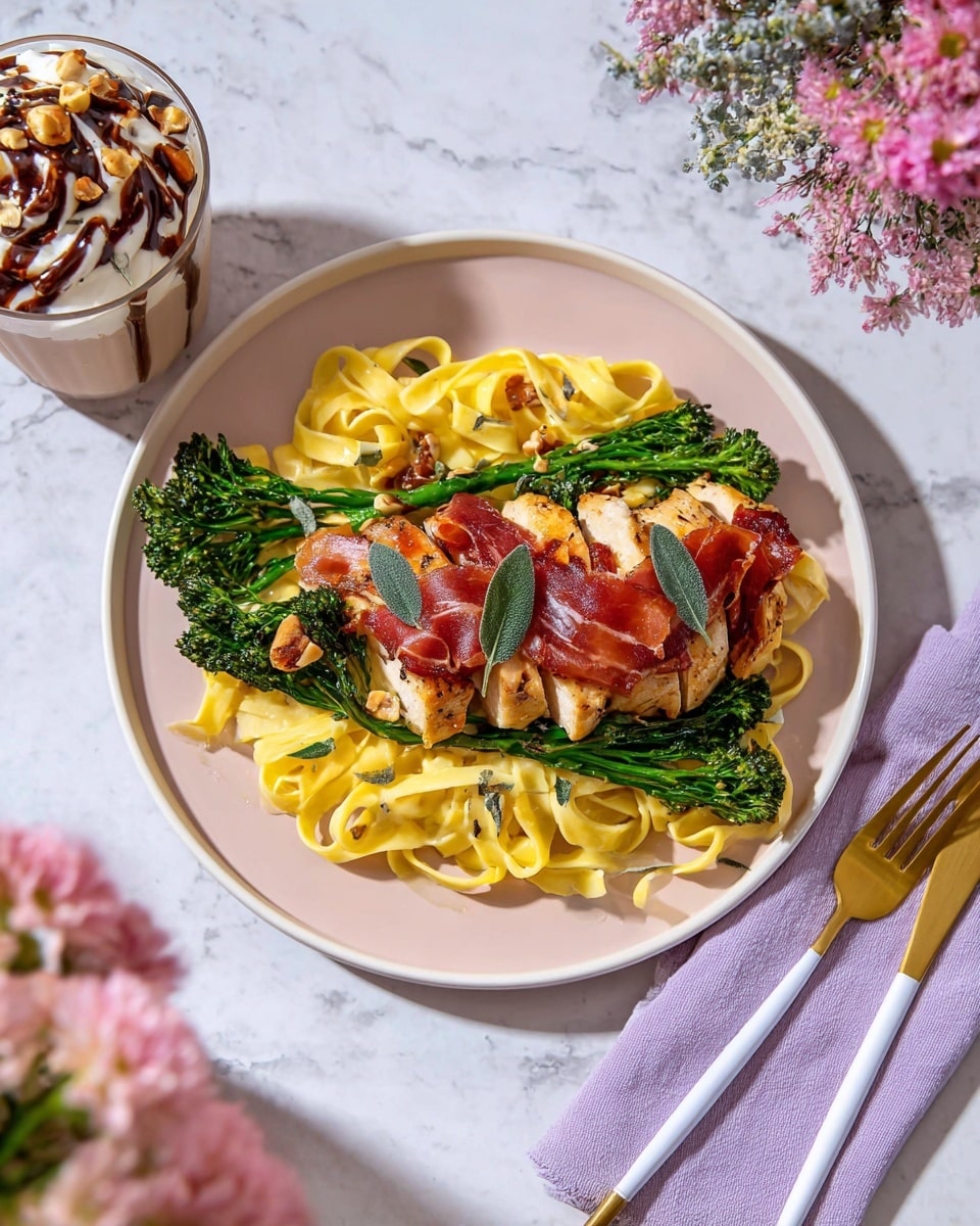 A white plate with a light pink rim holds a bed of creamy yellow fettuccine pasta mixed with bright green broccolini stalks. On top, there are slices of grilled chicken breast wrapped in crispy, reddish-brown prosciutto, garnished with a few dark green sage leaves. To the left of the plate, there is a glass of chocolate dessert topped with nuts and a drizzle of syrup, and to the right, a gold and white fork rests on a light purple napkin. The whole setup is placed on a white marbled surface with soft pink flowers nearby. Photo taken with an iphone --ar 4:5 --v 7
