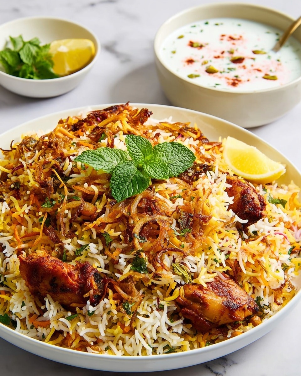 A white plate is filled with a large serving of colorful biryani rice with visible layers of yellow, white, and orange rice mixed with browned fried onions, green herbs, and large pieces of reddish-brown cooked chicken scattered on top. A bright green sprig of mint is placed in the center for garnish, and there is a wedge of lemon on the right edge of the plate. In the background, there is a white bowl filled with white yogurt sauce with small pieces of green herbs and red spices floating on top, and a small white bowl with a lemon wedge and green mint leaves. The scene is set on a white marbled surface. Photo taken with an iphone --ar 4:5 --v 7