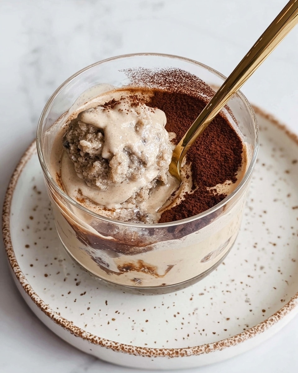 A clear glass cup filled with a creamy coffee dessert sits on a white plate with brown speckles near the edges, atop a white marbled surface. The dessert has three main layers visible from above: a dark brown layer of cocoa powder spread unevenly around the rim, a light tan creamy layer in the middle with swirls mixing with the cocoa, and a thick beige scoop of coffee-flavored granita or ice cream placed slightly off-center. A shiny gold spoon is partially inserted into the cup, resting against the side and touching the creamy layers. photo taken with an iphone --ar 4:5 --v 7