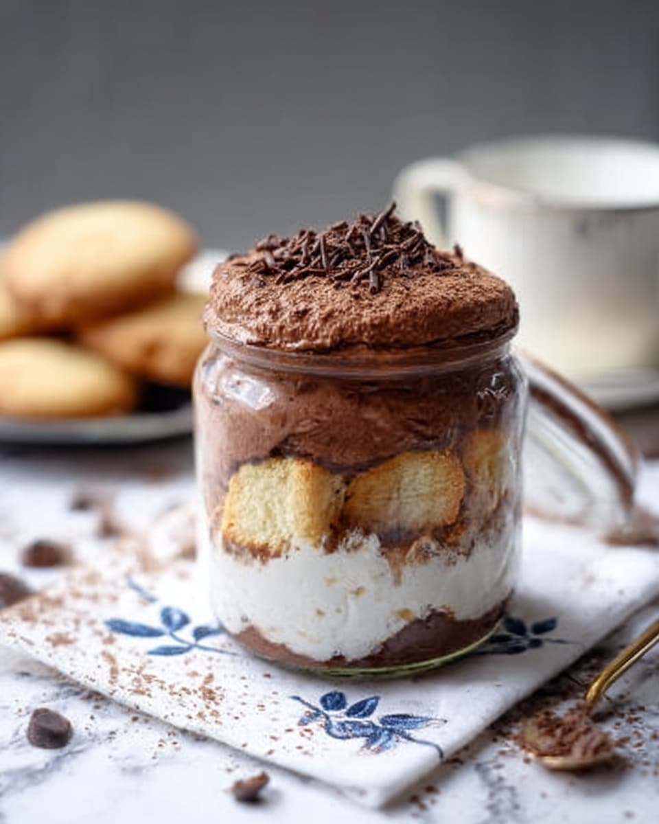 The image shows a glass jar filled with three clear layers of dessert. At the bottom, there is a thick layer of white creamy texture. Above it, there is a middle layer of soft, golden brown cake pieces. The top layer is a smooth chocolate cream with grated chocolate sprinkled over it. The jar is placed on a white cloth with small blue leaves on a white marbled surface. In the background, there is a white cup and some cookies blurred out. A woman's hand is not visible in this image. Photo taken with an iphone --ar 4:5 --v 7