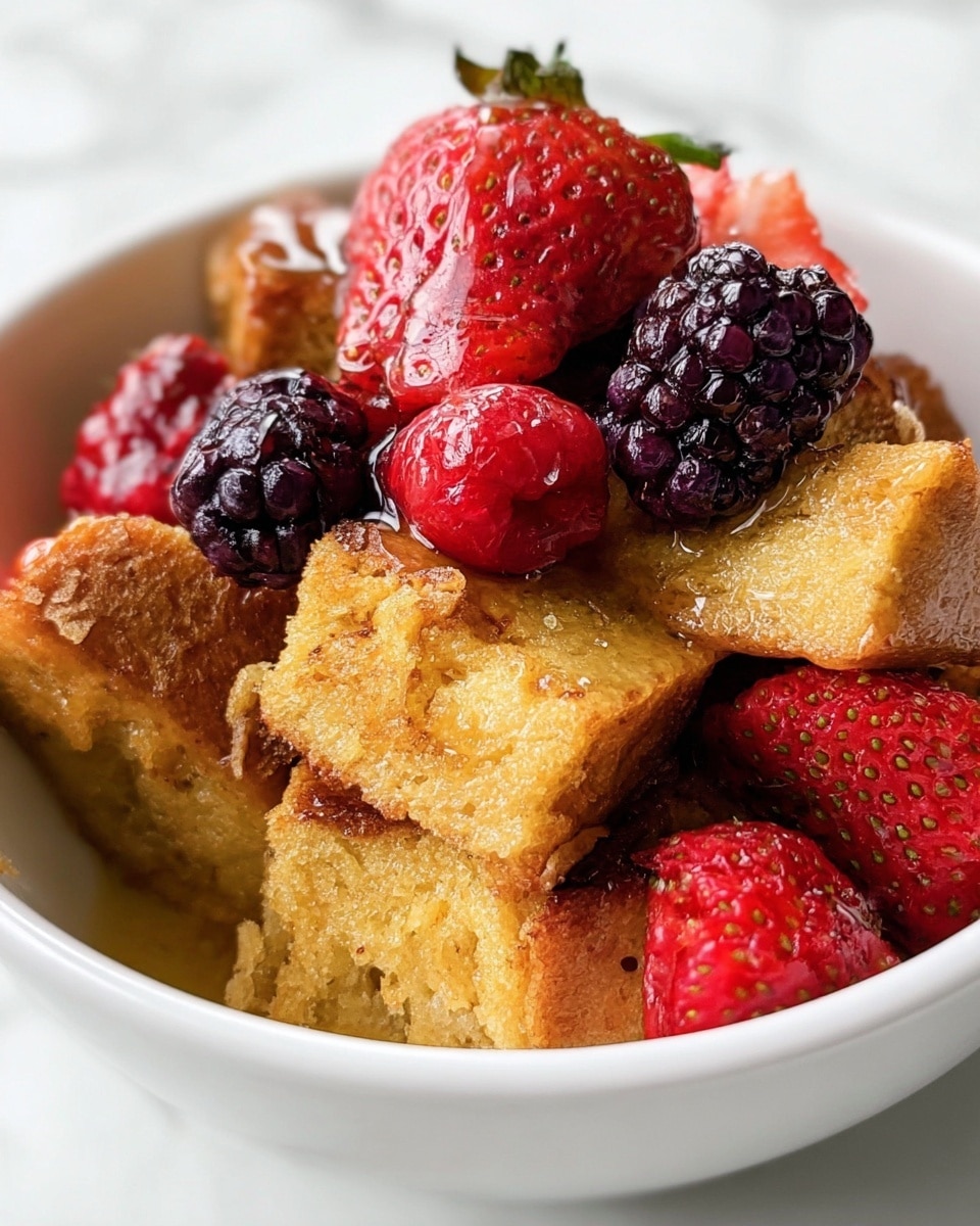 The image shows a white bowl filled with layered pieces of light golden-brown bread or cake with a slightly rough texture, topped with fresh red strawberries, dark purple-black blackberries, and bright red raspberries. The berries appear juicy and glossy with a shiny drizzle of syrup or honey lightly covering the fruit and some of the bread, adding a wet, sticky texture on top. The background is a white marbled surface. photo taken with an iphone --ar 4:5 --v 7