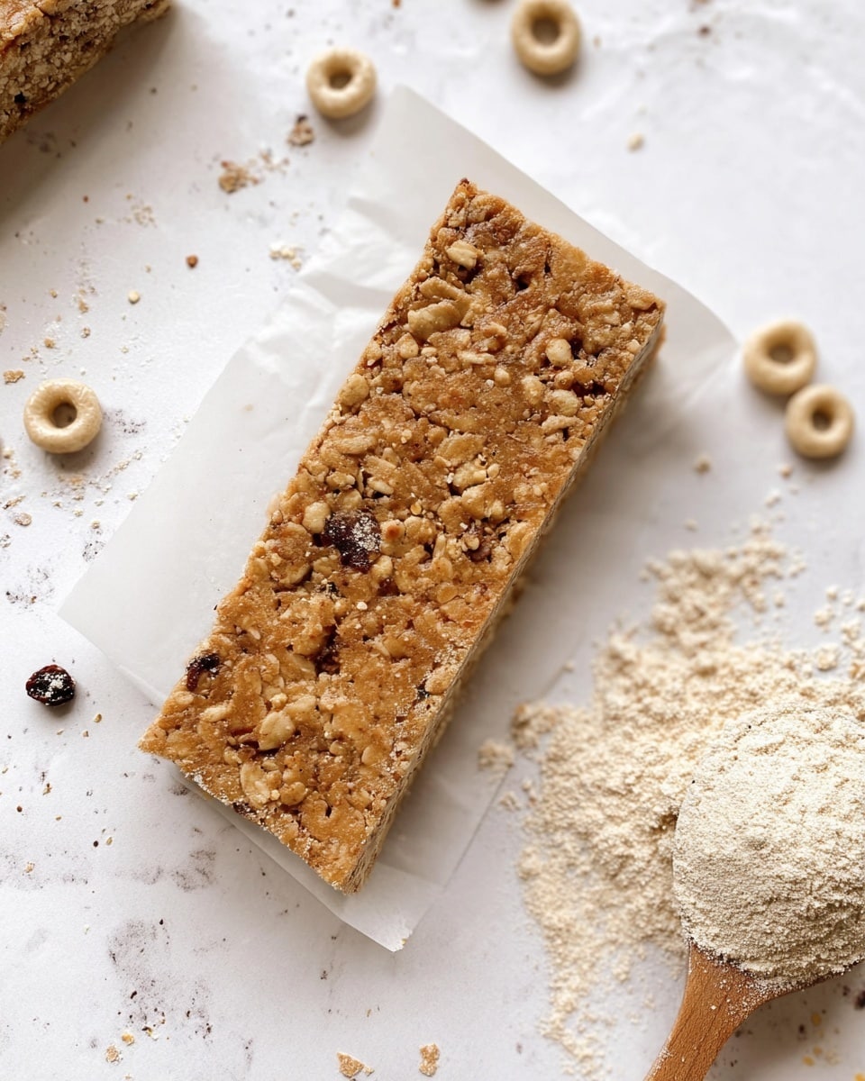 A rectangular granola bar with a single visible layer made of mixed oats, nuts, and small dried fruit bits, showing a rough, crumbly texture in shades of light brown and beige. It rests on a small sheet of white parchment paper over a white marbled surface scattered with a few light beige cereal rings, small dark crumbs, and a wooden spoon filled with a light beige powder to the right side of the frame. The overall scene has a close-up, natural light setting. photo taken with an iphone --ar 4:5 --v 7