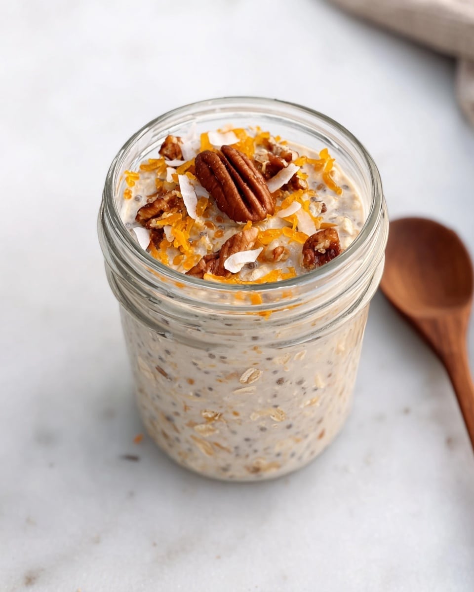 A clear glass jar filled with a creamy oatmeal base mixed with small chia seeds and shredded orange-colored coconut flakes, topped with a few whole pecans and more shredded orange coconut flakes scattered on top. The jar sits on a white marbled surface with a blurred part of a wooden spoon visible to the side. The oatmeal mixture shows a soft and slightly thick texture with visible grains and seeds throughout. photo taken with an iphone --ar 4:5 --v 7