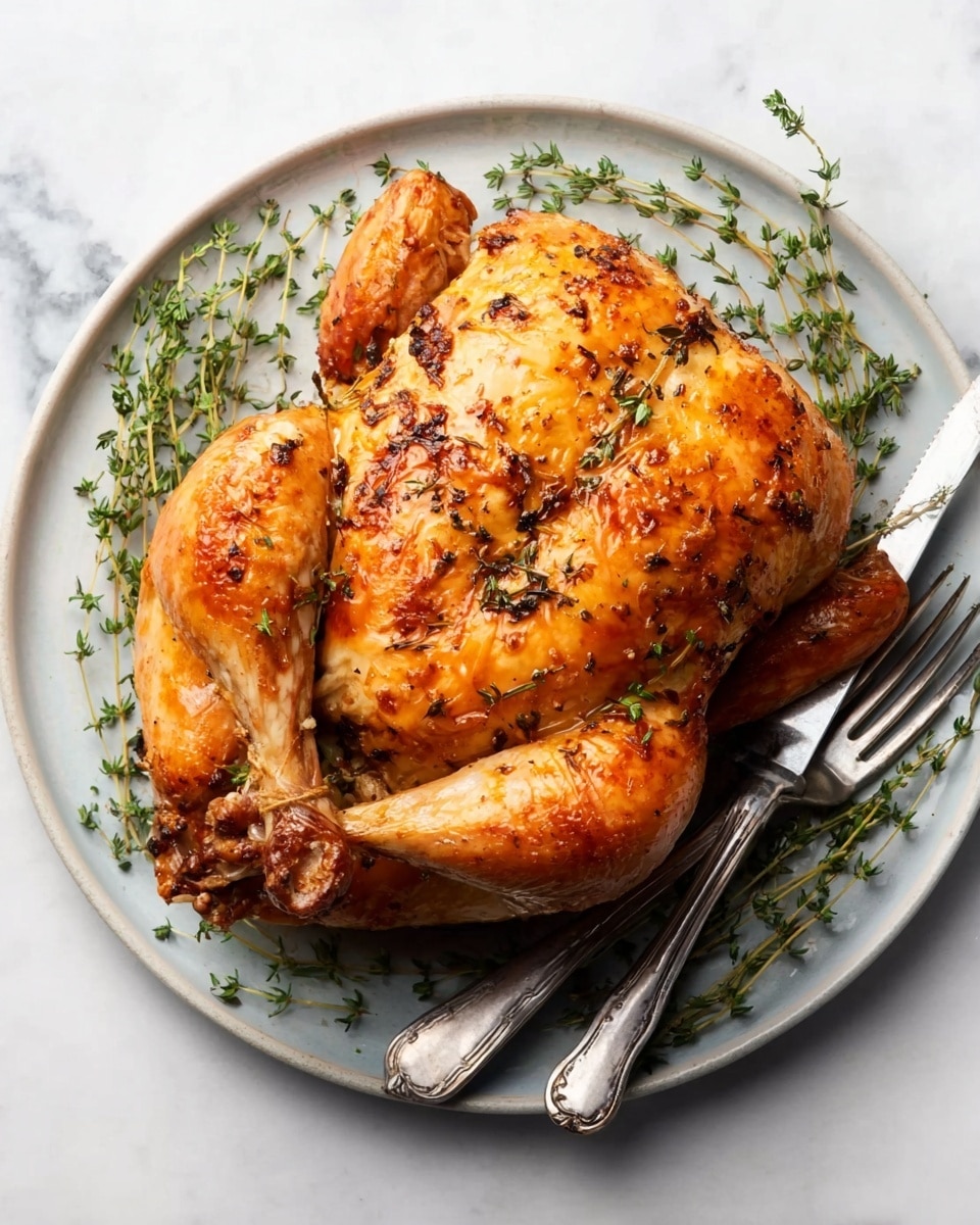 A whole roasted chicken with golden brown, crispy skin is placed in the center of a white plate. The chicken is surrounded by scattered fresh green thyme sprigs, adding a touch of natural color. A silver knife and fork rest on the right side of the plate, angled slightly outward. The background is a white marbled surface that contrasts with the chicken and the plate. Photo taken with an iphone --ar 4:5 --v 7
