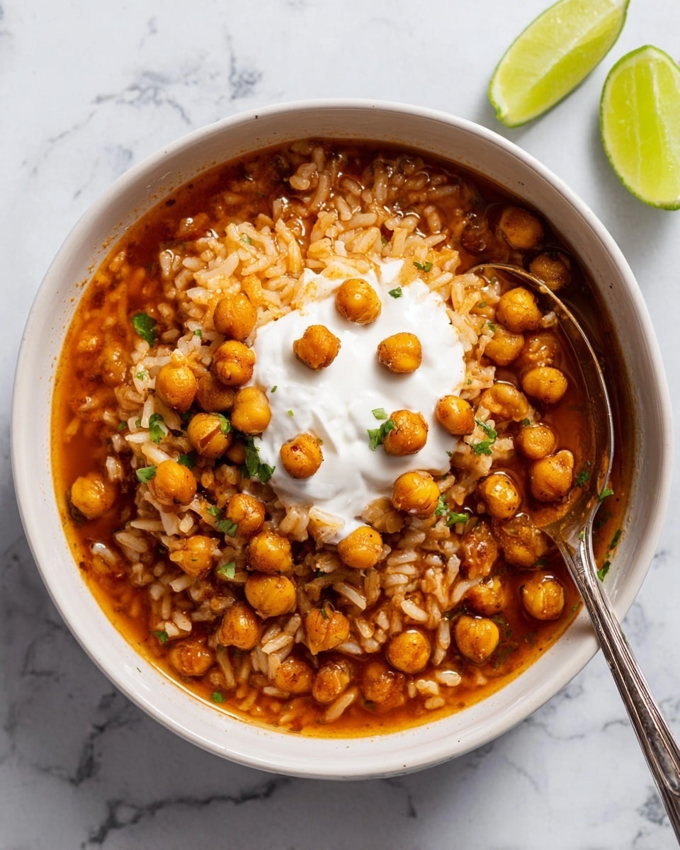 A white bowl filled with a warm dish featuring three main layers carefully visible: the bottom layer is soft, orange-brown broth mixed with tender cooked rice pieces, giving a moist texture; the middle layer consists of a generous pile of golden, crispy chickpeas scattered on top; and the top layer is a dollop of smooth, white sour cream placed in the center with a few chickpeas resting on it. A silver spoon scoops into the rice broth from the right side of the bowl. In the upper right corner, there is a small green lime wedge resting on a white marbled surface. photo taken with an iphone --ar 4:5 --v 7