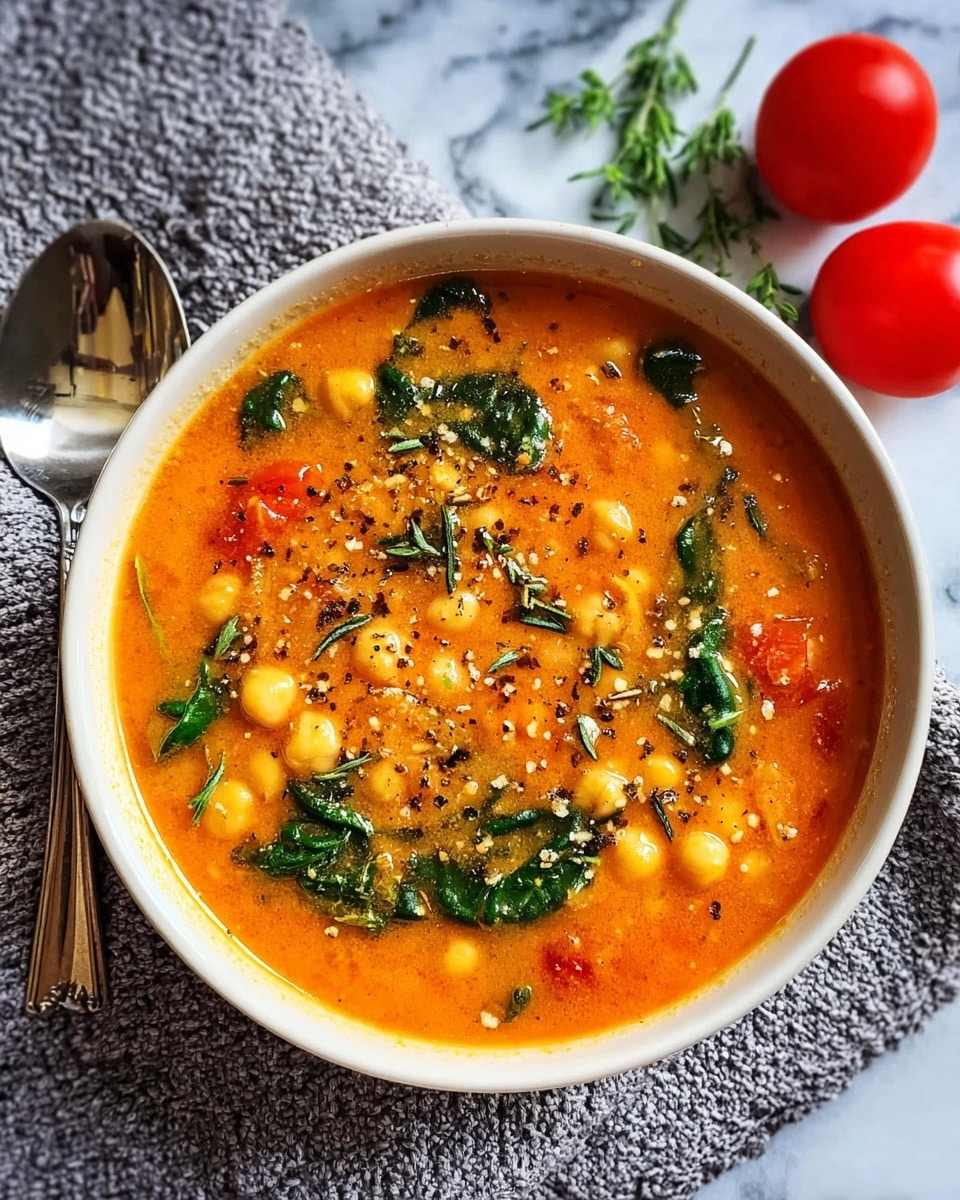 A white bowl filled with thick orange-red soup that has visible chickpeas and fresh dark green spinach leaves floating throughout. The soup surface is sprinkled with black pepper and small herbs, adding texture and detail. The bowl is placed on a gray knit cloth with two whole red tomatoes and green sprigs on a white marbled surface, with a shiny silver spoon resting nearby. The overall look is warm and fresh, showing a hearty vegetable soup. photo taken with an iphone --ar 4:5 --v 7