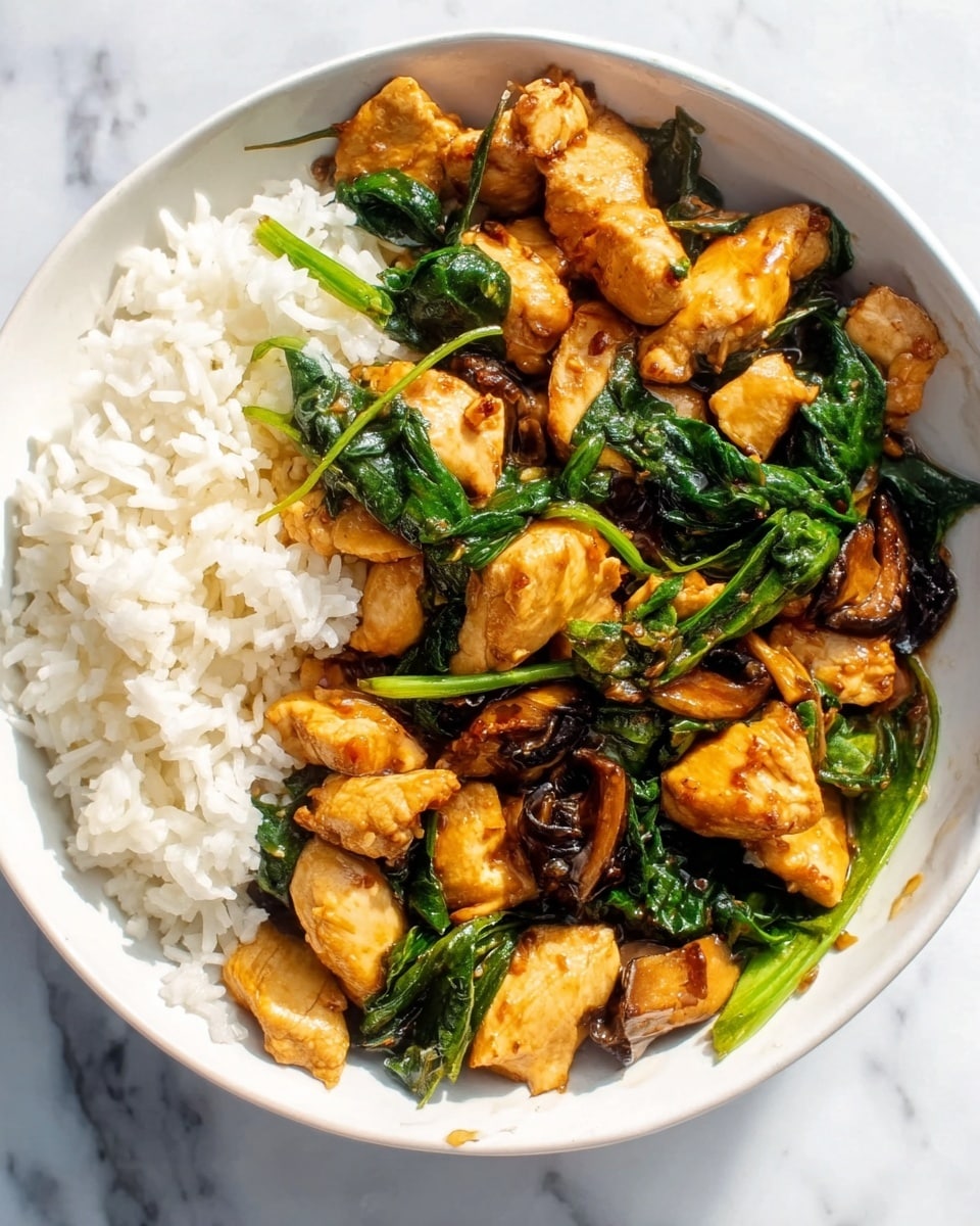 A white bowl filled with a serving of white rice on one side and a colorful stir-fry on the other. The stir-fry has chunks of golden brown chicken mixed with bright green spinach leaves and pieces of dark mushrooms. The dish looks glossy with sauce coating the ingredients, making them shine. The bowl is set on a white marbled surface, and the whole image has natural lighting showing the texture of the food clearly. photo taken with an iphone --ar 4:5 --v 7