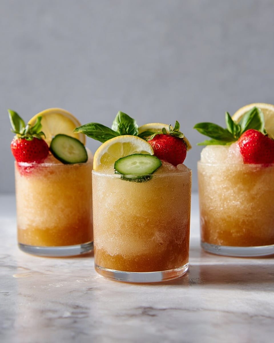 Three short, clear glasses filled with a golden brown slushy drink sit on a white marbled surface. Each glass has a thick layer of frothy, light beige ice on top. Garnishing the rim of each glass is a slice of lemon with a round slice of cucumber inside it, bright green basil leaves, and fresh red strawberries. The background is a soft, plain light gray, making the drink colors pop. The light highlights the smooth, slushy texture and fresh garnishes. photo taken with an iphone --ar 4:5 --v 7