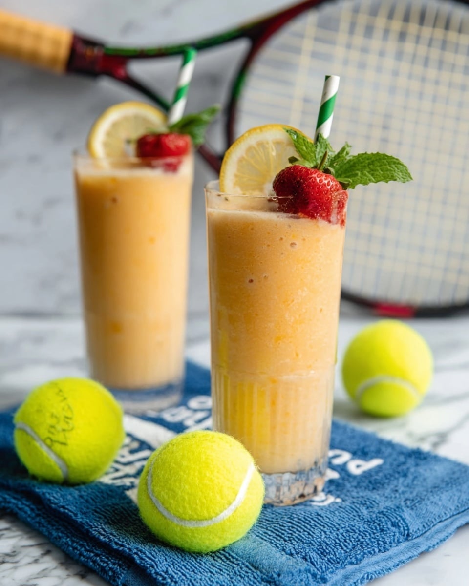 The image shows two tall clear glasses filled with a light orange smoothie, each topped with a slice of lemon, a whole strawberry, and a sprig of green mint. The glasses are placed on a blue towel with white text on a white marbled surface. Around the glasses, there are three bright yellow tennis balls. In the background, a white tennis racket with black strings leans against a white marbled surface. A woman's hand holds one of the glasses. photo taken with an iphone --ar 4:5 --v 7