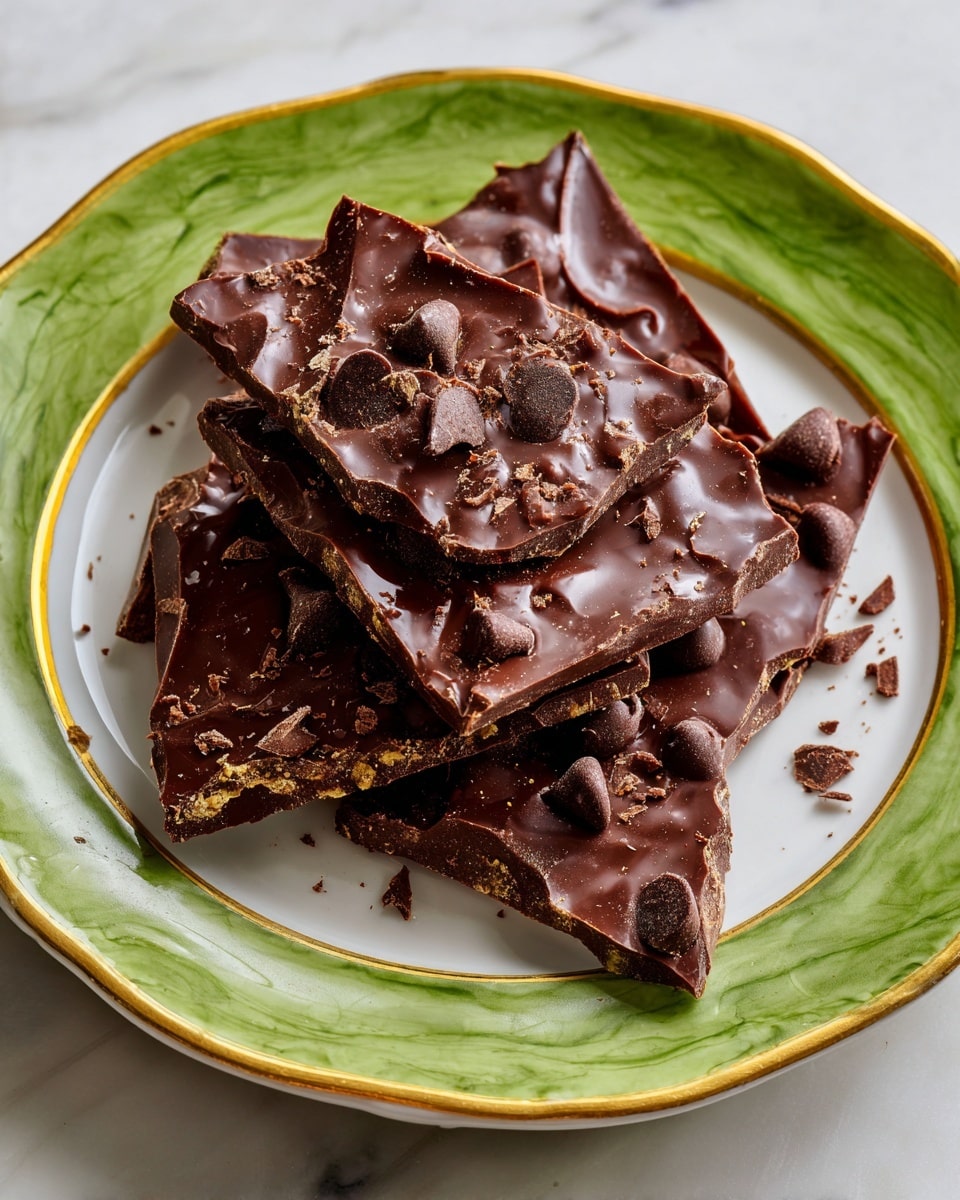 Several pieces of thin, cracked chocolate bark with a rough texture are spread unevenly on a white plate with a green center and a yellow edge. The bark pieces are deep brown with shiny dark chocolate chips scattered on top. Crumbs of chocolate are also visible on the plate. The plate is placed on a white marbled surface. photo taken with an iphone --ar 4:5 --v 7