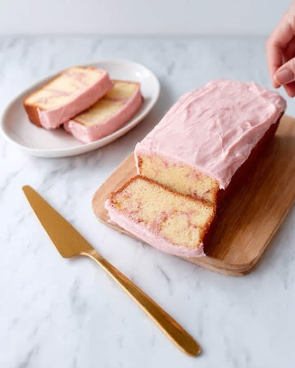 The image shows a slice of pink frosted cake with a smooth, creamy texture on top, slightly thick and covering the entire top layer of the cake, which is soft and light yellow inside with a marbled pattern of light brown swirls. The cake rests on a small white oval plate, placed on a white marbled surface, and next to it is a white rectangular plate holding two slices of the same cake without frosting. A golden knife is placed vertically beside the cake on a wooden cutting board, with a golden cake server lying diagonally on the marble surface, and a woman's hand reaching toward the cake server. photo taken with an iphone --ar 4:5 --v 7