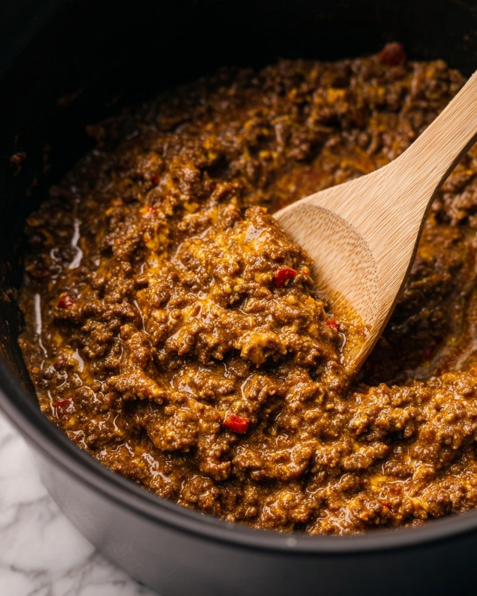A close-up view of a thick, creamy mixture being stirred with a light wooden spoon inside a dark pot. The dish has a rich brown color with small bits of red and yellow, suggesting cooked ground meat combined with melted cheese and spices, giving it a chunky and slightly glossy texture. The mixture glistens slightly, showing a creamy yet dense consistency. The background is a white marbled texture. photo taken with an iphone --ar 4:5 --v 7