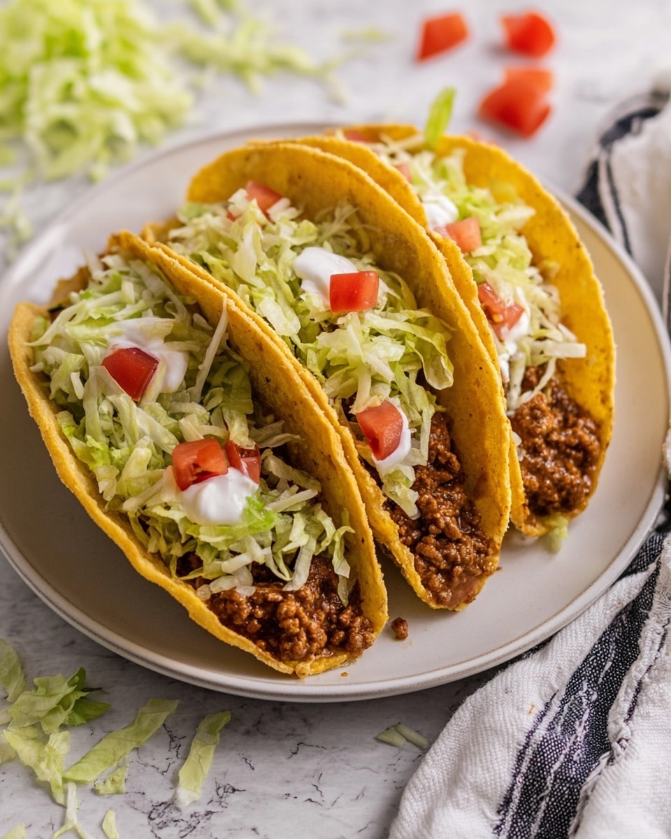 Three yellow taco shells filled with layers of ground beef mixture at the bottom, topped with shredded light green lettuce, small diced red tomatoes, and a dollop of white sour cream near the opening of each taco, all arranged side by side on a white plate. The plate sits on a white marbled textured surface with scattered bits of lettuce and diced tomatoes around it. A white cloth with dark stripes is partly visible on the right side. Photo taken with an iphone --ar 4:5 --v 7