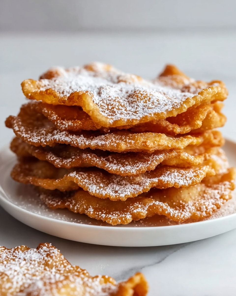 A stack of seven crispy, golden-brown fried flat pastries with uneven edges is placed on a white round plate. Each pastry shows a rough texture with a light dusting of powdered sugar on top, adding a slight sparkle. The pastries are layered closely, with the top one slightly curled at the edges. In the foreground, a single piece lies separately on a white marbled surface, also coated with powdered sugar, enhancing the contrast between the warm golden tones and the white background. photo taken with an iphone --ar 4:5 --v 7