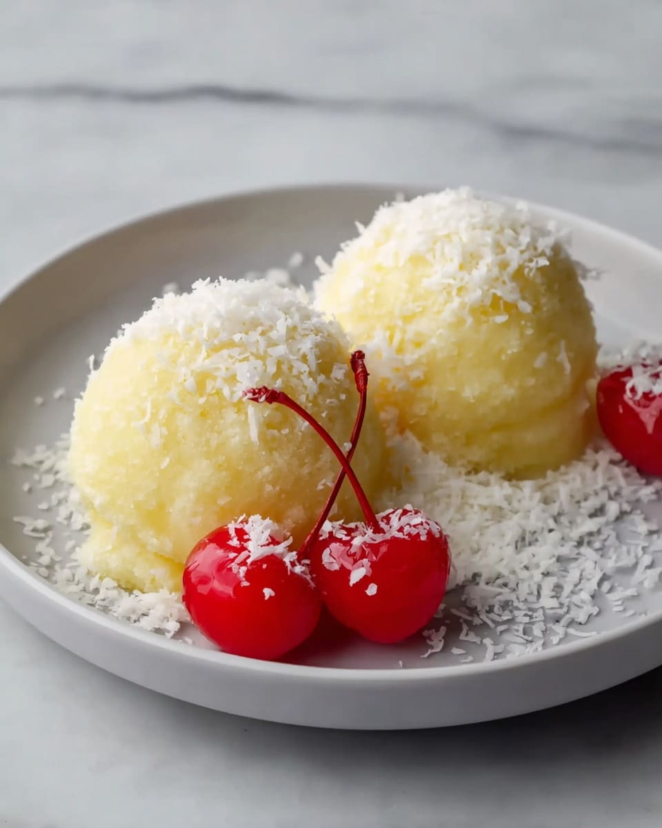 Two pale yellow rounded scoops covered in white flakes sit on a white plate, with two bright red cherries placed next to them, also sprinkled with white flakes. The texture of the yellow scoops looks soft and slightly grainy, while the white flakes appear light and fluffy, scattered around the base. The plate is set on a white marbled surface. Photo taken with an iphone --ar 4:5 --v 7