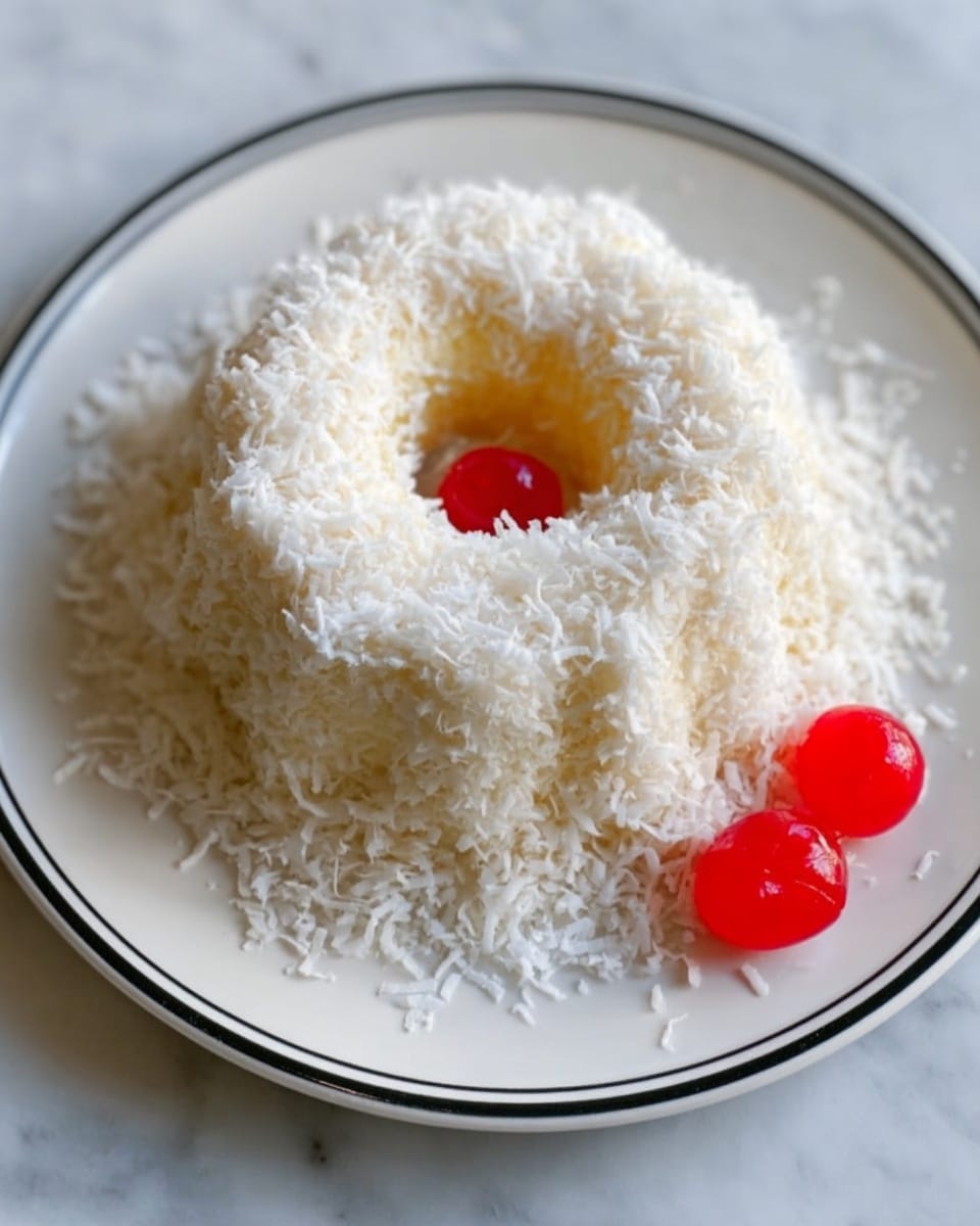 A small round bundt cake sits on a white plate with a black rim, covered in white shredded coconut all over, giving it a soft, snowy texture on top and around the sides. The cake itself is pale yellow, visible beneath the coconut layer. On the plate's side, three bright red maraschino cherries add a pop of color next to the cake. The plate rests on a white marbled surface. Photo taken with an iphone --ar 4:5 --v 7
